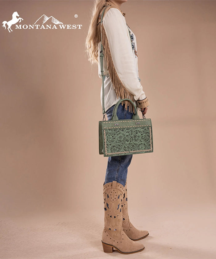 Montana West Floral Tooled Leather Tote Bag Set for Women - Stylish Handbag for Work, Travel & Everyday Use