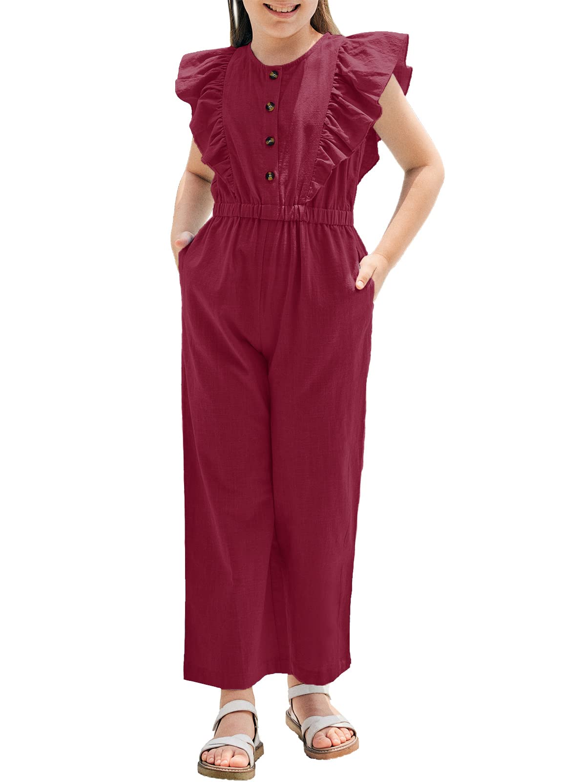 GAMISOTE Girls Wide Leg Jumpsuit - Cotton Sleeveless Button Up Romper with Ruffle Detail | Playtime, Summer Outfits & Casual Wear for Toddlers