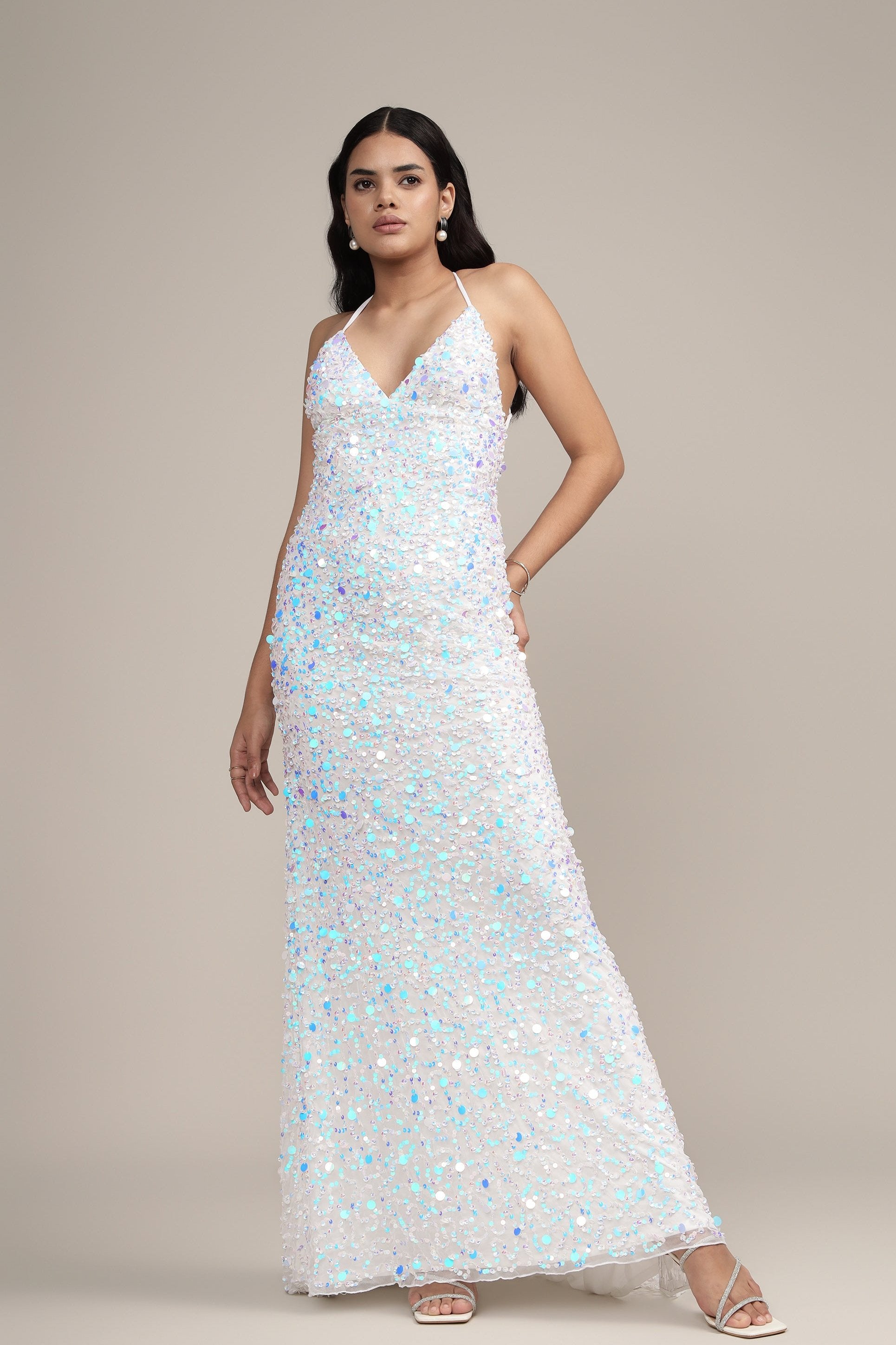 Alchemila Embellished Maxi Dress in Iridescent White - Elegant Long Formal Evening Gown for Weddings, Prom & Special Occasions