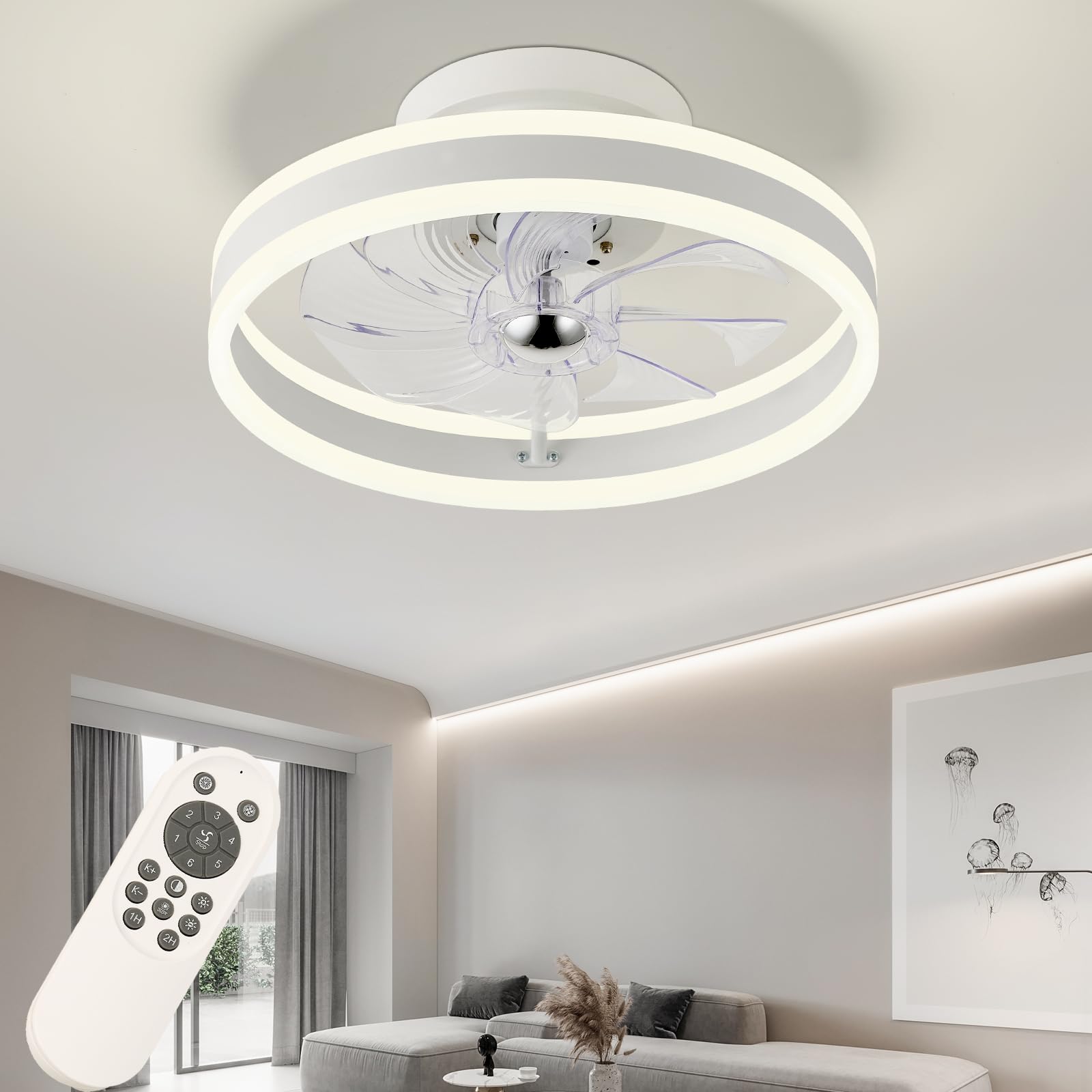 RIYNFO Modern Flush Mount Ceiling Fan with Light - Remote Control, Reversible 6 Speeds, 3CCT Dimmable LED, Ultra Quiet - White Ceiling Fan for Bedroom, Living Room, Office Indoor Use - Perfect for Home Cooling and Stylish Lighting