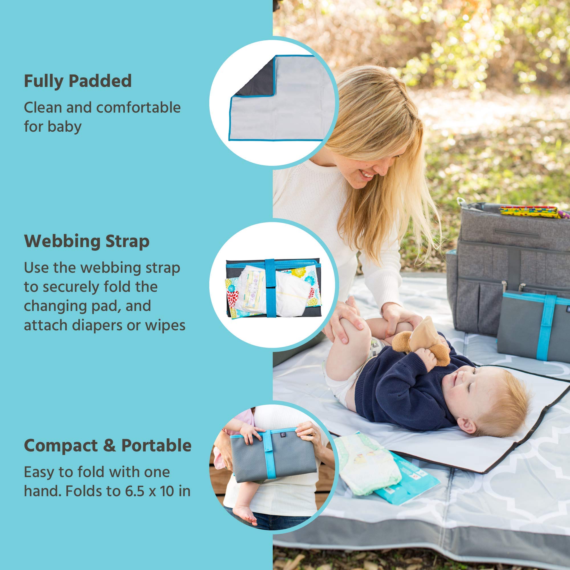 J.L. Childress Full Body Baby Changing Pad - Waterproof & Portable Diaper Changing Mat for Nursery, Travel & On-the-Go - Soft Grey & Teal Design for Comfort & Style