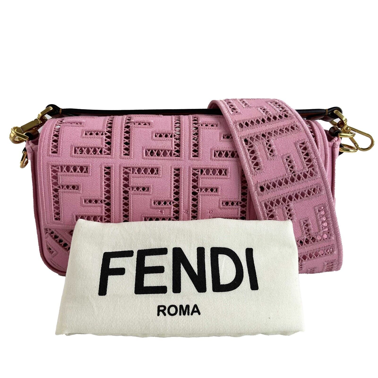 Fendi Baguette NM Openwork Pink Medium Embroidered Canvas Shoulder Bag - Elegant Designer Handbag for Women, Perfect for Parties, Dates & Daily Use