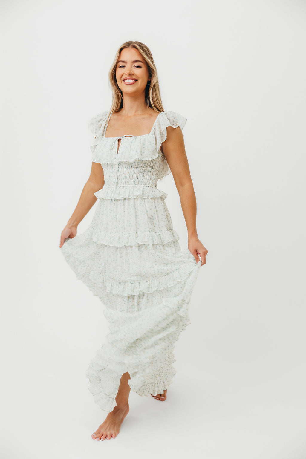 Astrid Ruffle Detail Maxi Dress in Sage Floral - Bump Friendly Maternity Dress for Pregnancy & Nursing | Perfect for Baby Showers, Weddings & Summer Vacations