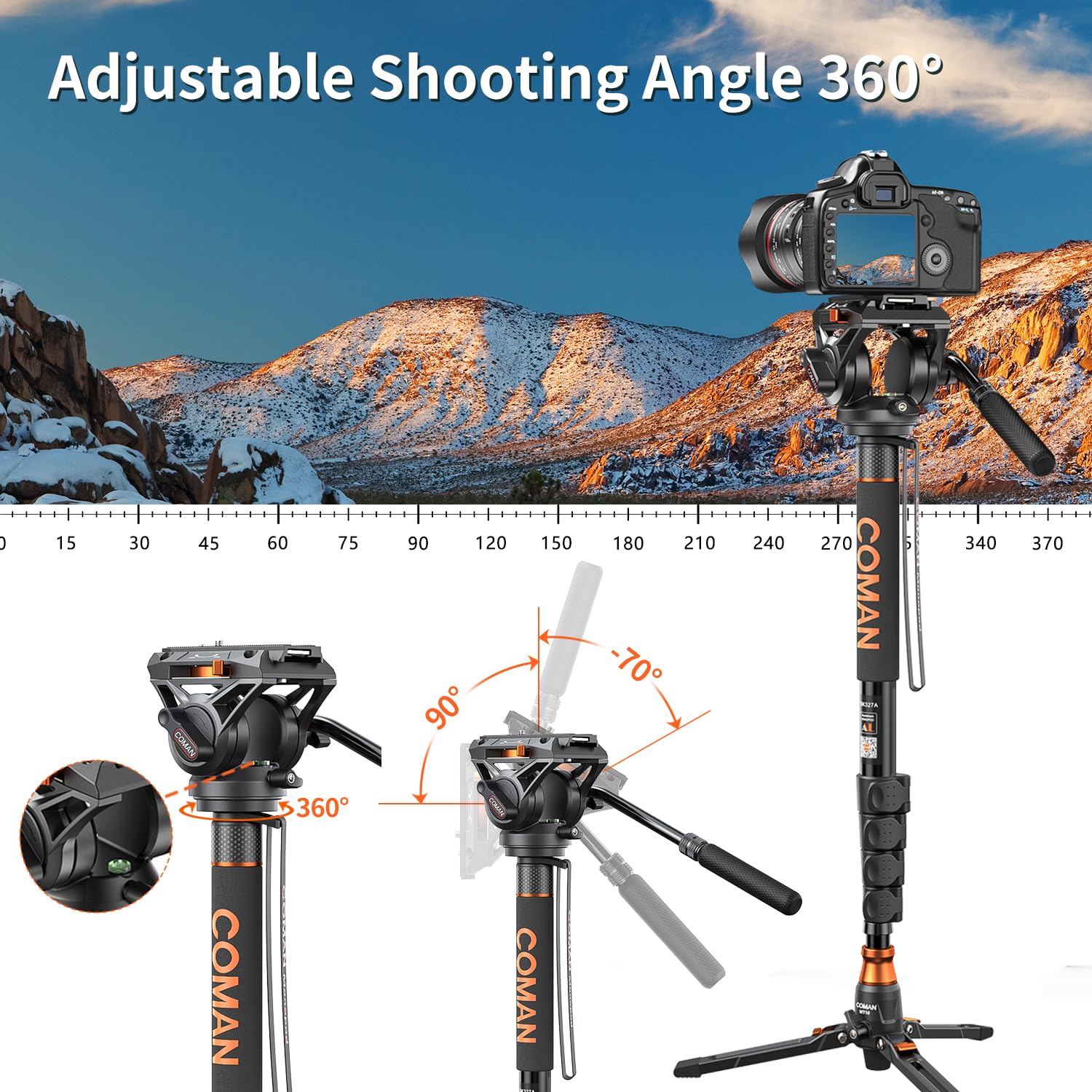 Coman Professional Q6 Video Camera Monopod with Tripod Stand - 70.6 Inch Heavy Duty Aluminum Monopod with Feet, Supports 22 lbs for DSLR Cameras (Canon, Nikon, Sony) - Perfect for Travel Vlogging, Wedding Photography & Outdoor Shooting