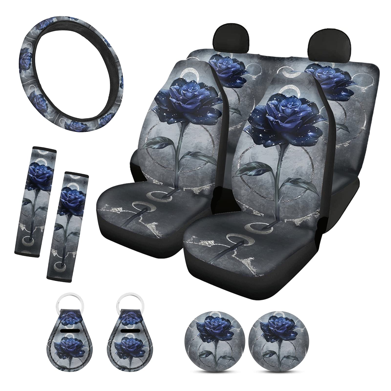 YSTARDREAM Blue Car Seat Covers for Women & Teens - Rose Butterfly Pattern Front & Rear Bench Covers with Steering Wheel & Seat Belt Protectors | Universal Fit for SUVs, Vans & Travel Interior Accessories | Perfect for Daily Commute, Road Trips & Car Decor