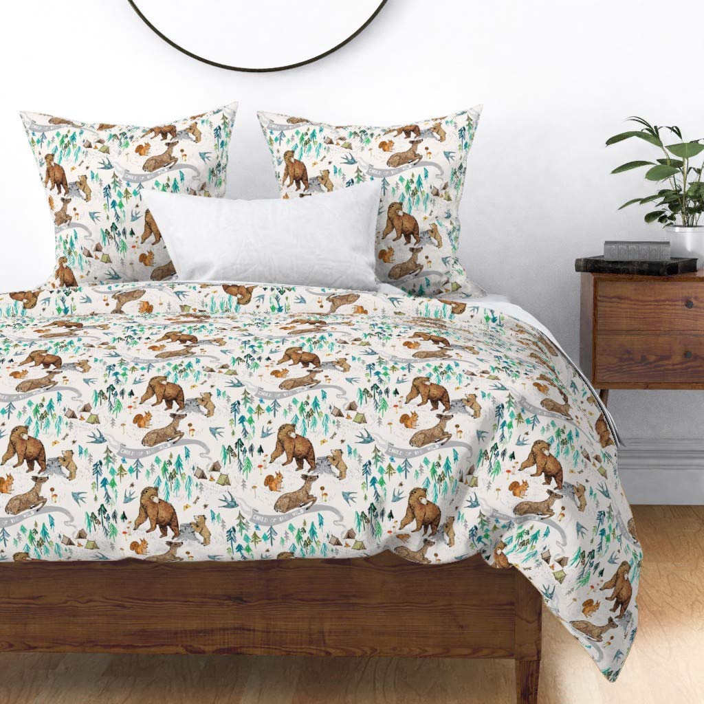 Custom Wild Child Cream Bear Deer Forest Print Cotton Sateen Duvet Cover - Full/Queen Size for Nursery & Kids Bedroom | Whimsical Woodland Animal Design with Trees, Squirrels & Birds