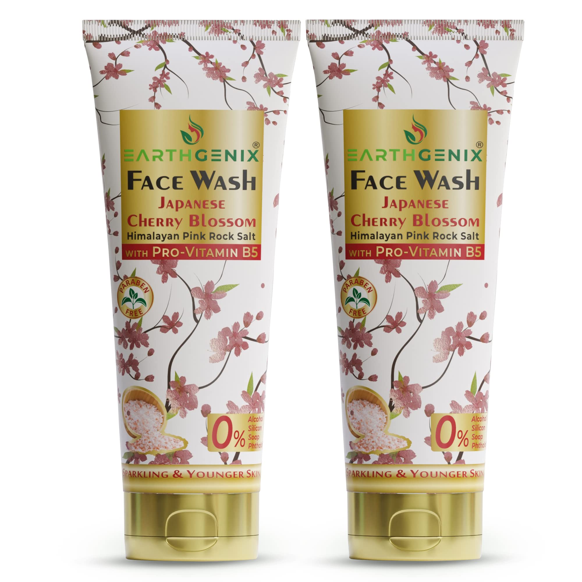Earthgenix Japanese Cherry Blossom & Himalayan Pink Salt Face Wash with Pro-Vitamin B5 - 100ml (Pack of 2) - Brightening & Anti-Aging Cleanser for All Skin Types - Women & Men - Daily Skincare Routine for Glowing Complexion
