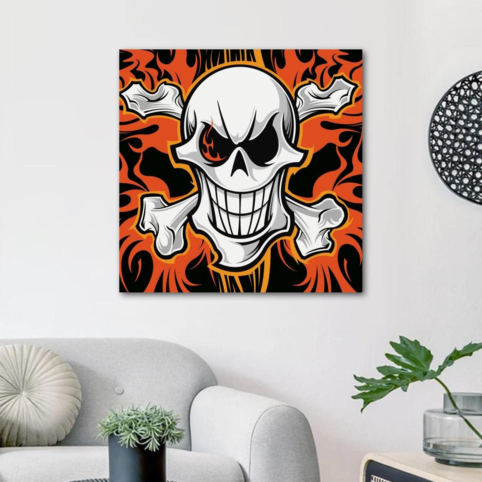 Framed Canvas Wall Art - Skull & Crossbones Fire Oil Painting - Gothic Decor for Living Room, Bedroom, Bathroom & Office - Unique Home Decoration for Halloween, Pirate Theme & Dark Aesthetic Spaces