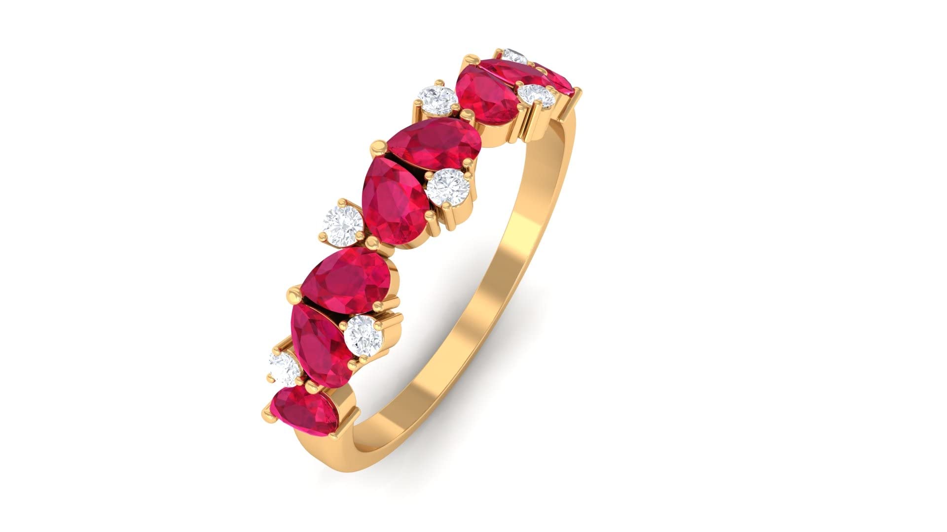 Exquisite 14K Solid Gold Ruby and Diamond Ring | Pear Shape Red Ruby Semi Eternity Band | Elegant Ladies Jewelry for Weddings, Anniversaries & Special Occasions