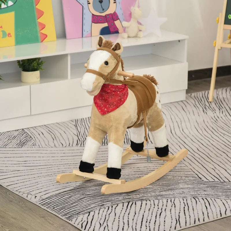 Qaba Kids Plush Ride On Rocking Horse Toy with Realistic Sounds - Soft Rocker for Toddlers 1-3 Years | Cowboy Themed Nursery Decor & Pretend Play Gift