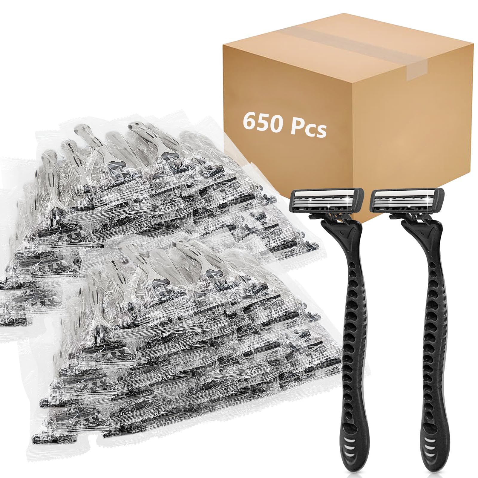 (650 Pack) Kheoxusa 3-Blade Disposable Razors - Individually Wrapped, Triple Blade Shaving Razors for Men & Women - Perfect for Travel, Hotels, Airbnb, Tattoo Shaving & Grooming - Grey Black