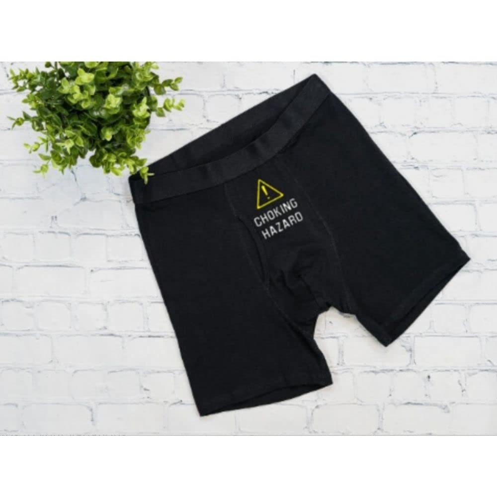 Funny Caution Choking Hazard Boxer Briefs for Men - Comfortable Cotton Underwear Gift Set (Medium, Black) - Perfect for Gag Gifts, Bachelor Parties & Novelty Present Ideas