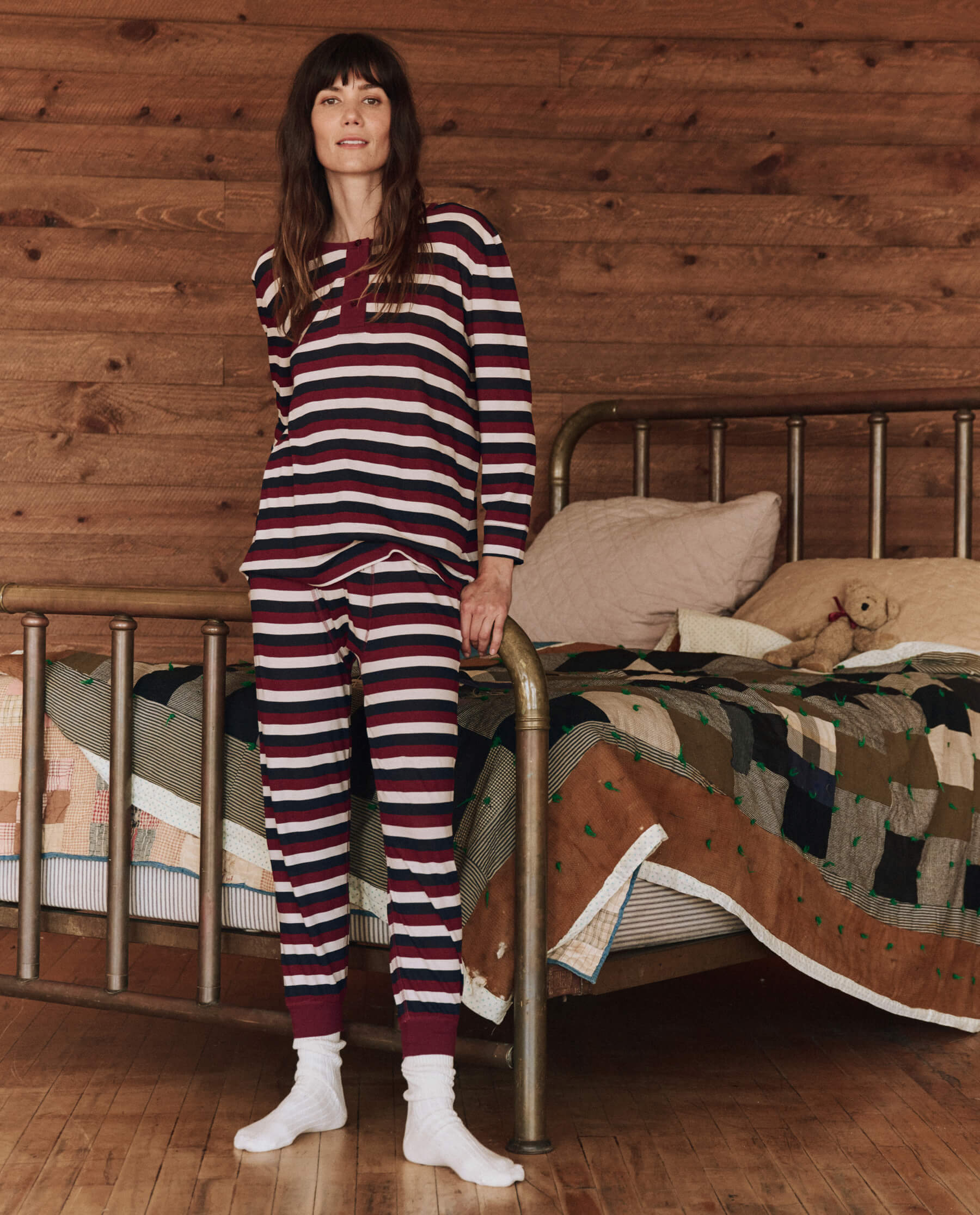 The Sleep Henley - Soft & Comfortable Bordeaux Stripe Sleep Shirt for Men & Women - Perfect for Lounging, Relaxing & Cozy Nights at Home