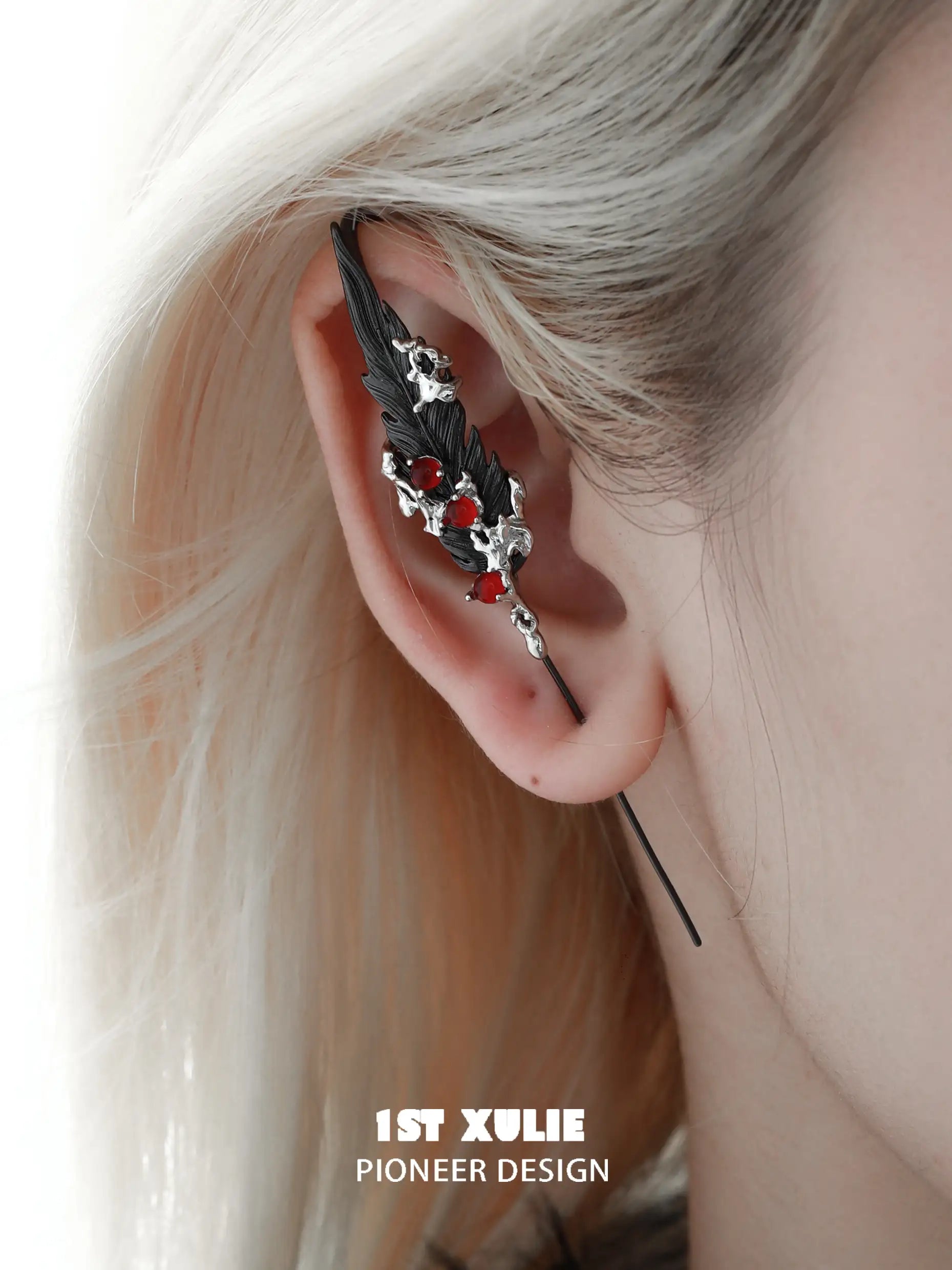 Lucifer Red Crystal 18K Black Gold Plated Ear Hook Needle Piercing Earrings for Women - Gothic Jewelry for Parties, Nightclubs & Special Occasions