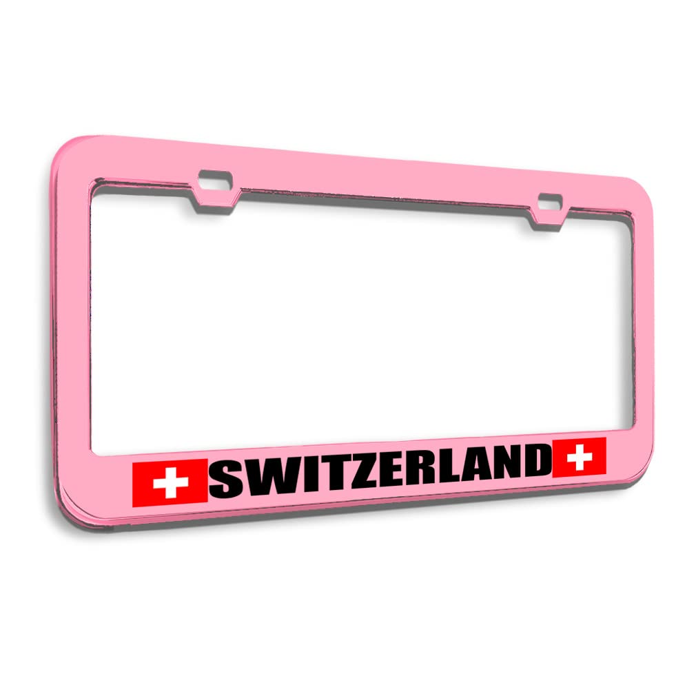 Speedy Pros Swiss Flag Metal License Plate Frame - Black & Soft Pink Car Accessories with 2 Holes (1 Frame) | Perfect for European Car Enthusiasts & Switzerland-Themed Vehicle Decor