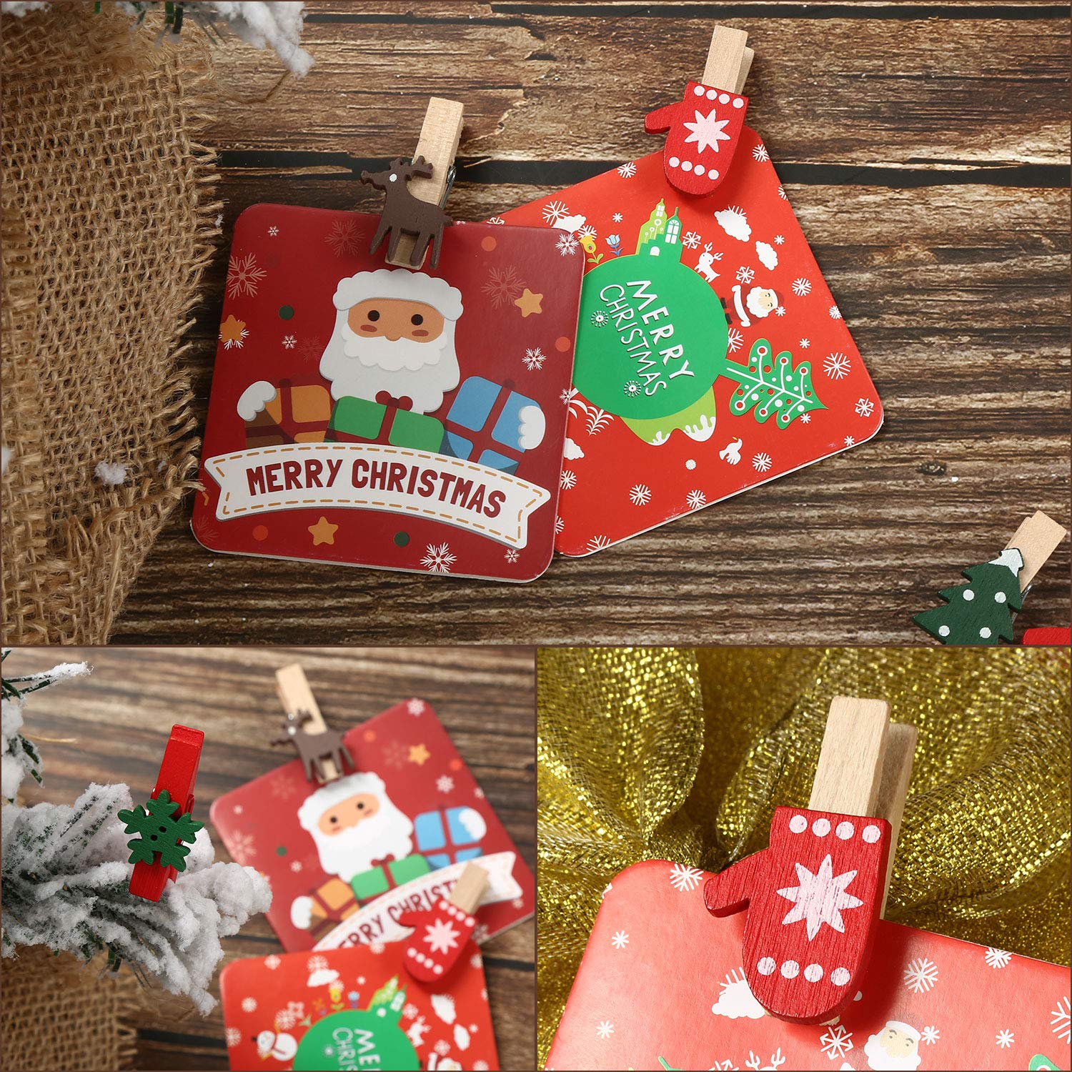 120pcs Christmas Wooden Clips - DIY Holiday Photo Pegs for Tree Decor, Elk & Snowflake Clothespins - Perfect for Home Art, Craft, and Christmas Decoration | Great for Scrapbooking, Gift Wrapping & Festive DIY Projects