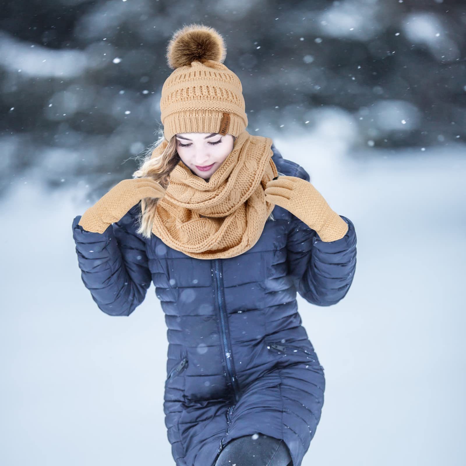 Hicdaw Women's Winter Hat Gloves Scarf Set - Soft Knit Beanie Hat, Warm Circle Loop Scarf & Cozy Gloves for Cold Weather - Perfect for Snowboarding, Skiing & Outdoor Activities
