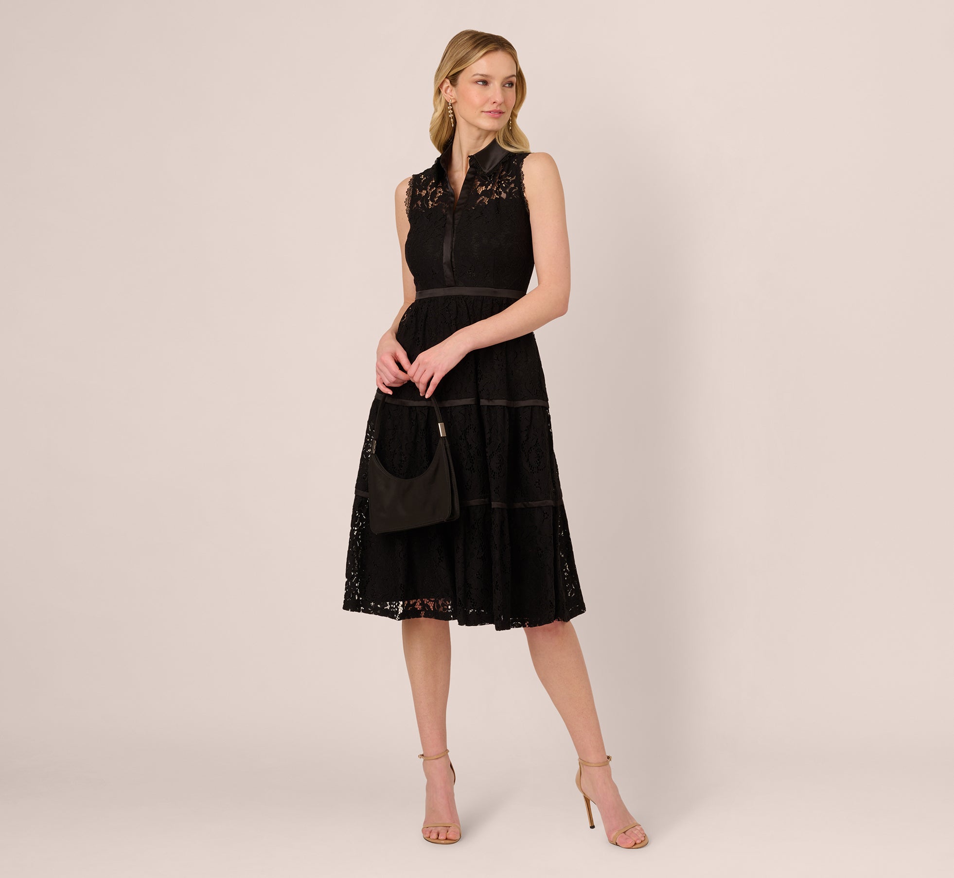 Elegant Black Sleeveless Collared Lace Fit and Flare Dress for Women - Perfect for Weddings, Parties & Special Occasions