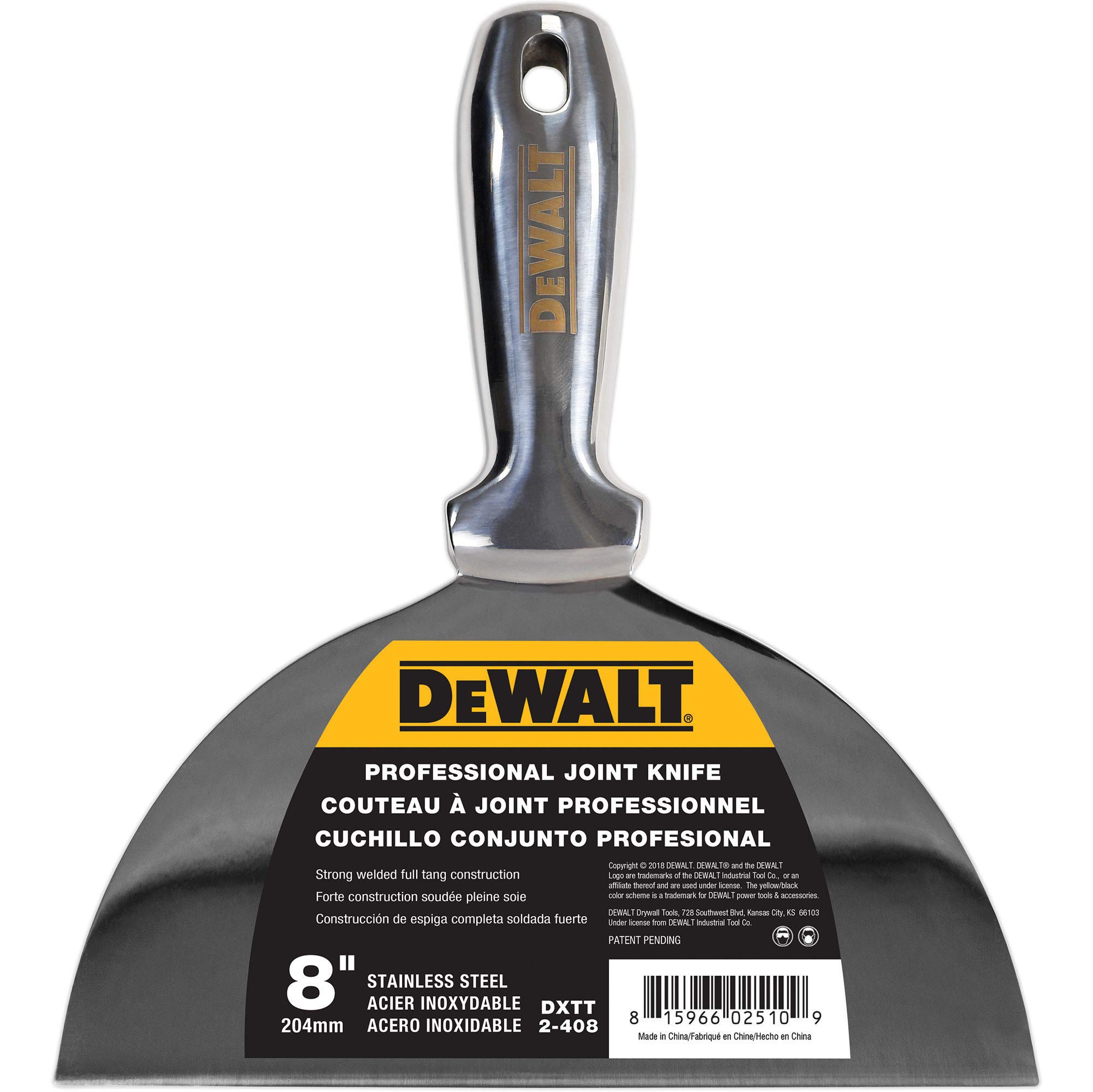 DEWALT 8-Inch Stainless Steel Joint Knife - Premium One-Piece Polished Metal Putty Blade (Model 2-408) for Drywall, Spackling, and Plaster Repair | Professional Construction & DIY Tool