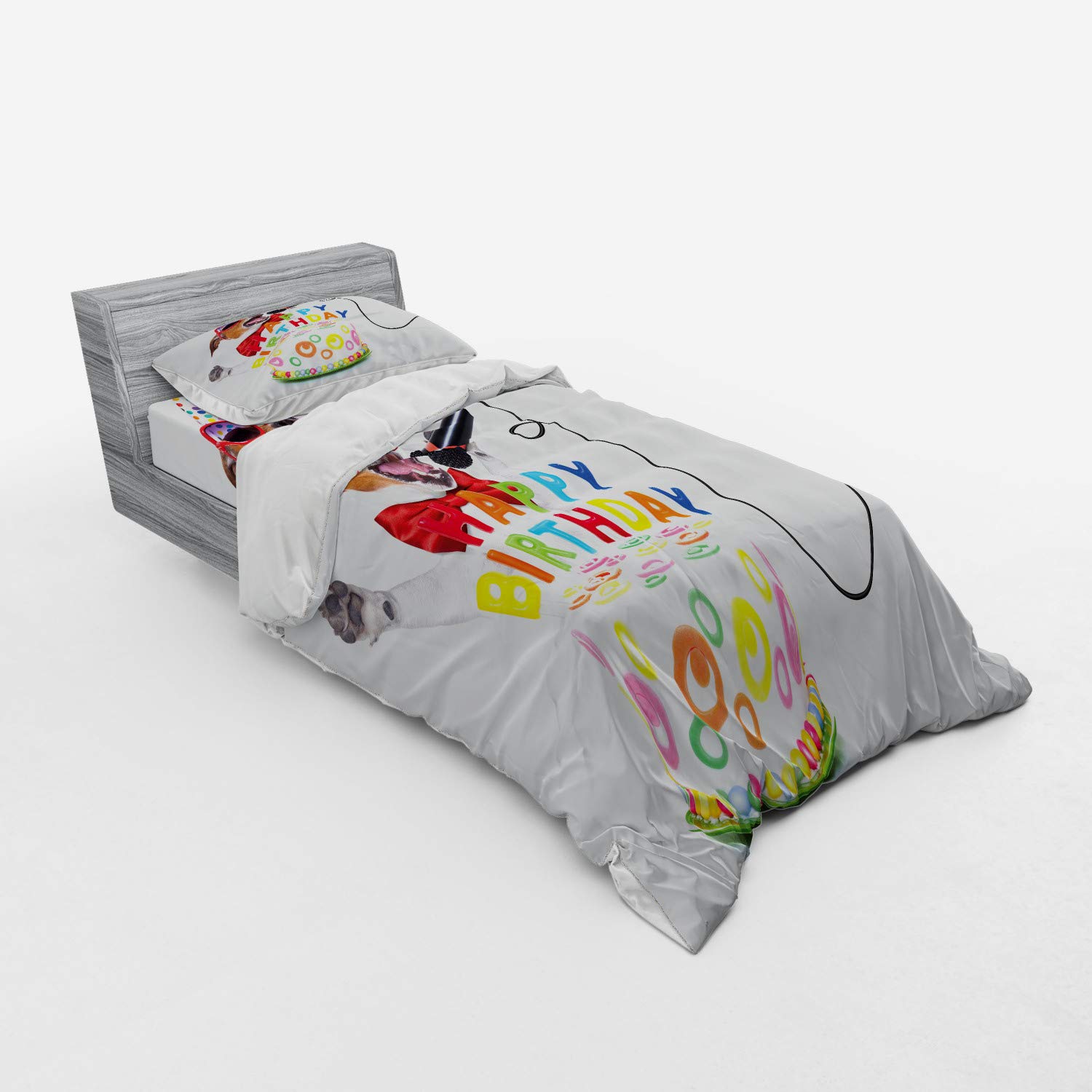 Ambesonne Musician Dog Birthday Duvet Cover Set - 3 Piece Twin Size Bedding with Sham & Fitted Sheet - Fun Singer Dog with Glasses & Cake Print - Perfect for Kids' Birthday Parties & Themed Bedrooms