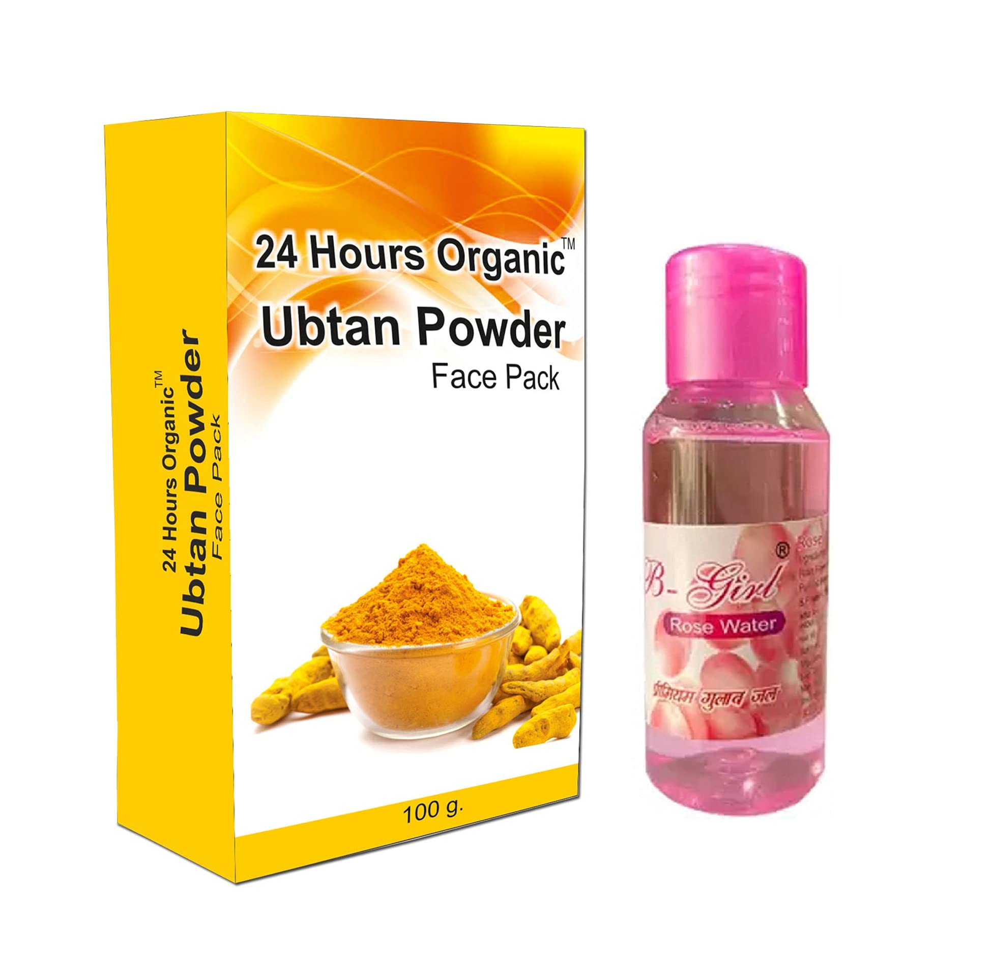24 Hours Organic Ubtan Powder Face Pack for Women & Men - Natural Skincare for Glowing Soft Skin, Tan Removal, Deep Cleansing, Exfoliation, Anti-Acne & Blackhead Treatment - 100g with Free Rose Water - Perfect for Daily Beauty Routine & Spa Treatments