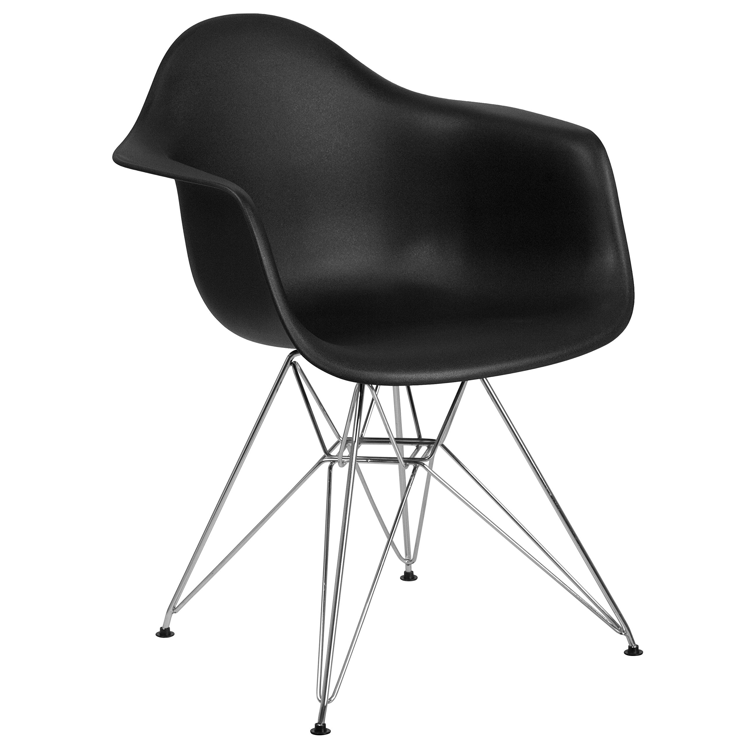 2 Pack Black Plastic Arm Chairs with Chrome Base - Modern Accent & Side Chairs for Dining Room, Kitchen, Office or Outdoor Patio