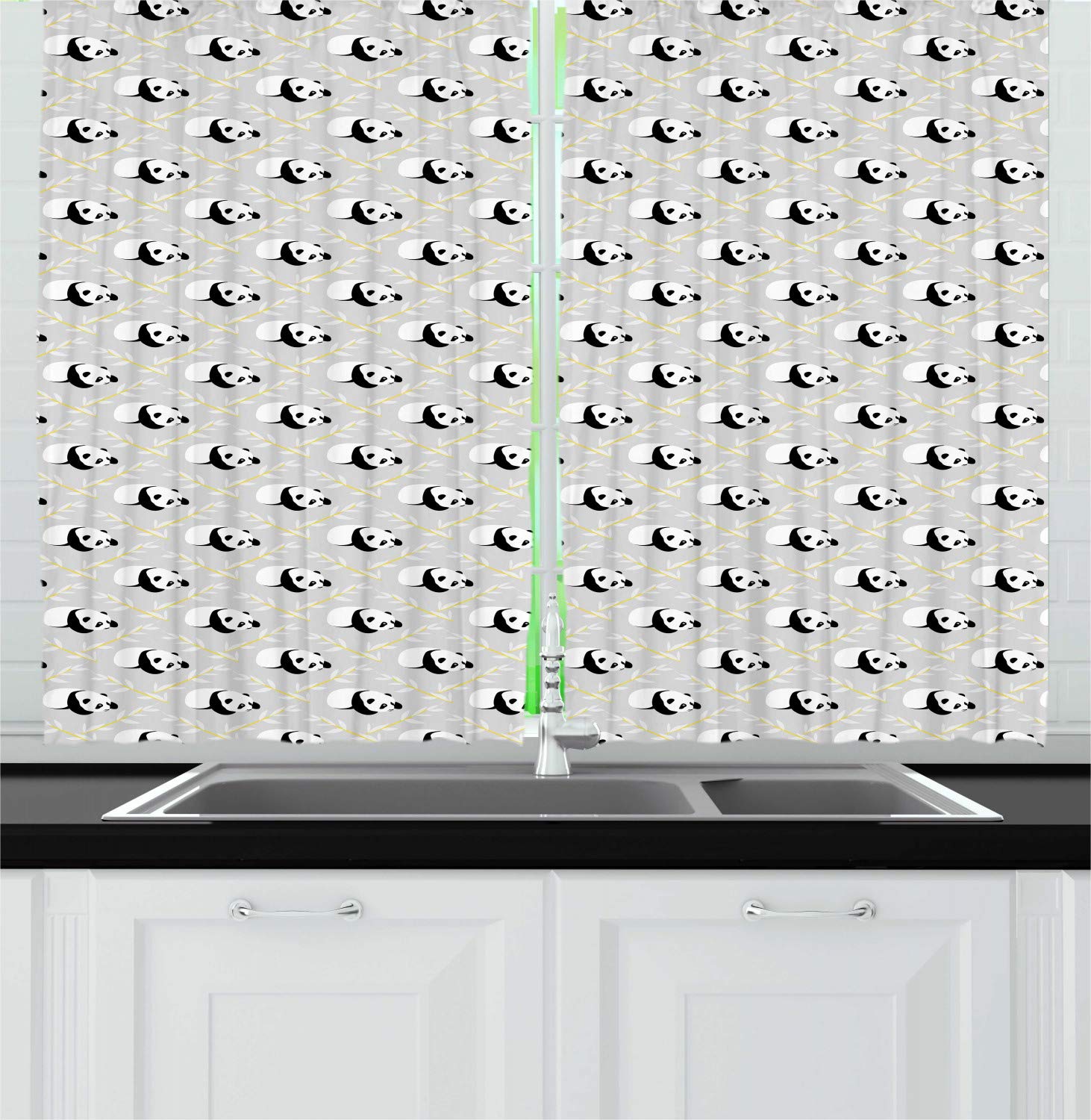 Ambesonne Panda Kitchen Curtains Set of 2 Panels - Cute Cartoon Panda with Leafy Branches Design - 55
