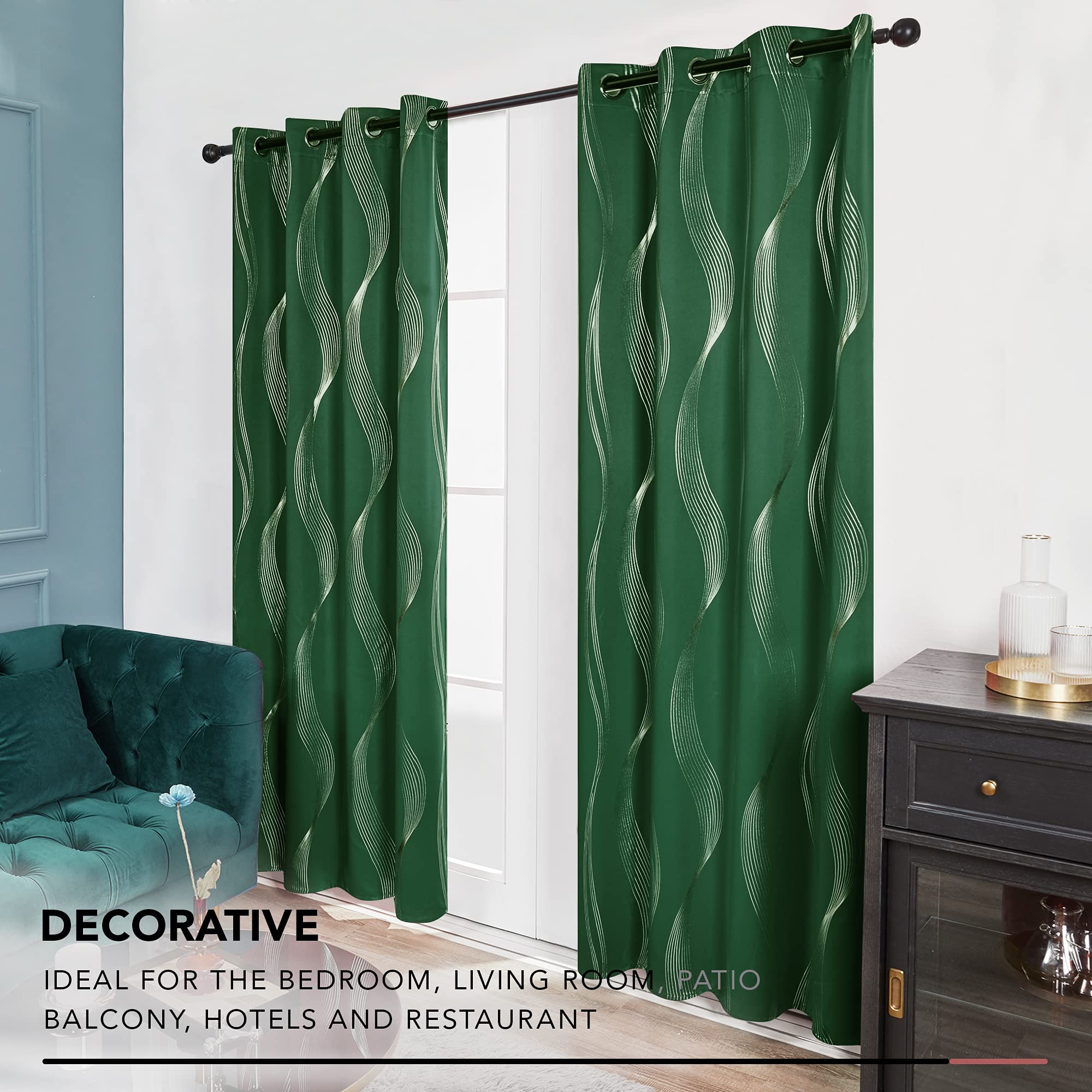 Deconovo Blackout Curtains for Girls Room - Wave Foil Printed Thermal Insulated Grommet Drapes, 52x54 Inch, 2 Panels, Dark Forest - Perfect for Bedroom, Nursery & Home Decor