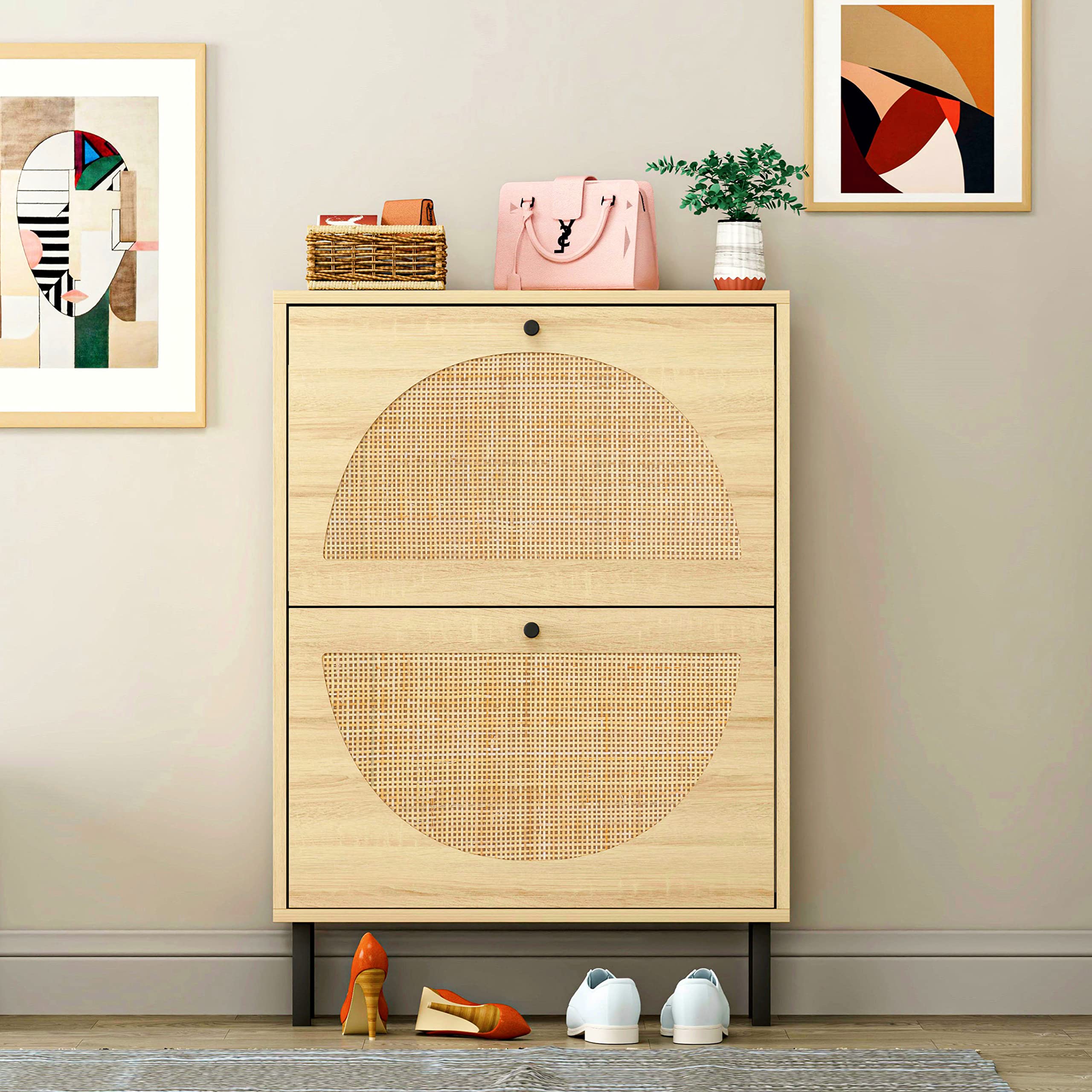 SSLine Rustic Wood Shoe Cabinet with 2 Flip-Down Storage Shelves - Free-Standing Shoe Rack Organizer with Unique Rattan Decor for Entryway, Hallway, or Doorway (Natural) - Perfect for Small Spaces & Home Organization