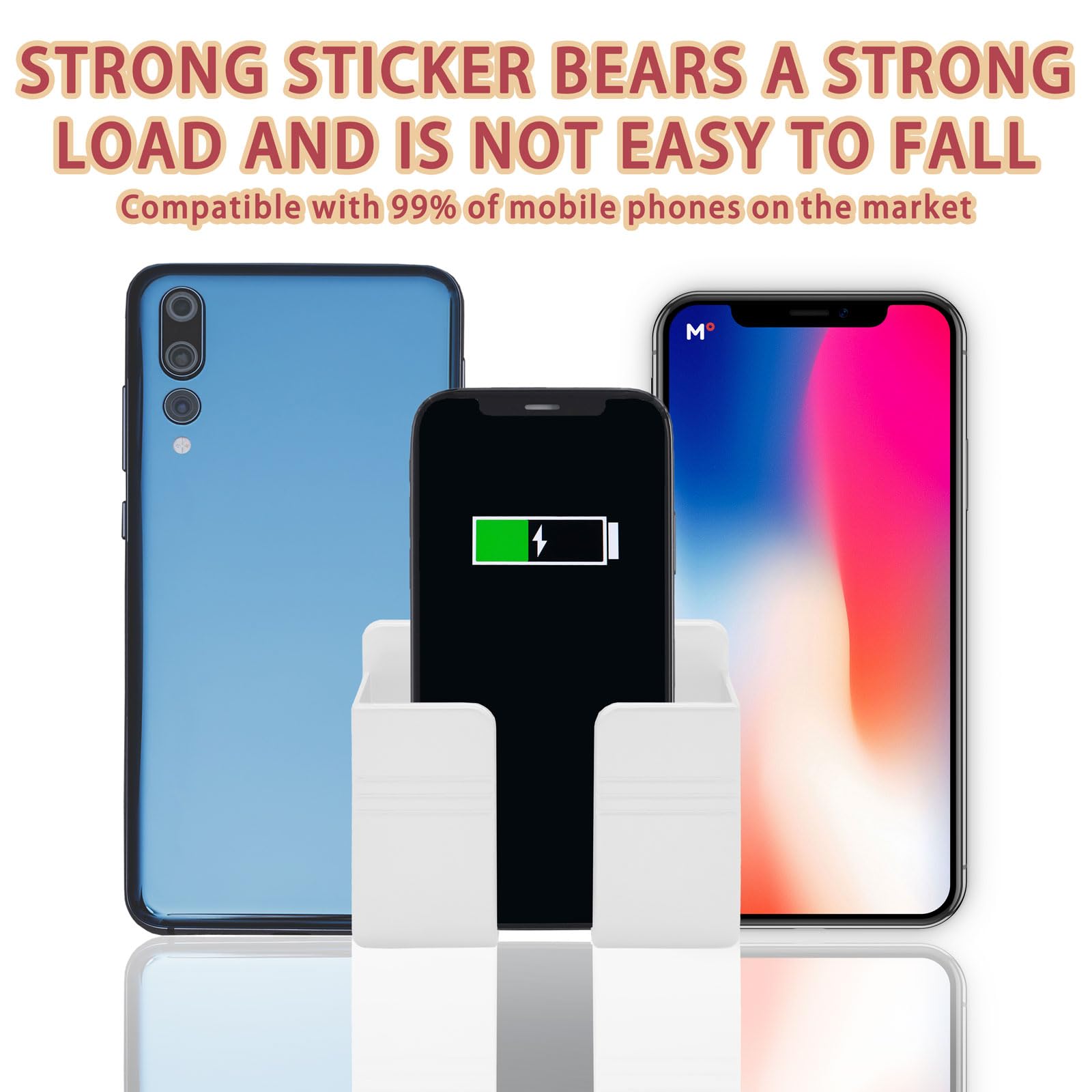 2PCS Adhesive Wall Mount Phone Holder with Cable Hole - Universal Remote Control & Smartphone Stand for Bedroom, Living Room, Bathroom, Kitchen & Office - Space Saving Organizer (White) - Perfect for Charging & Hands-Free Viewing While Cooking, Working or Relaxing
