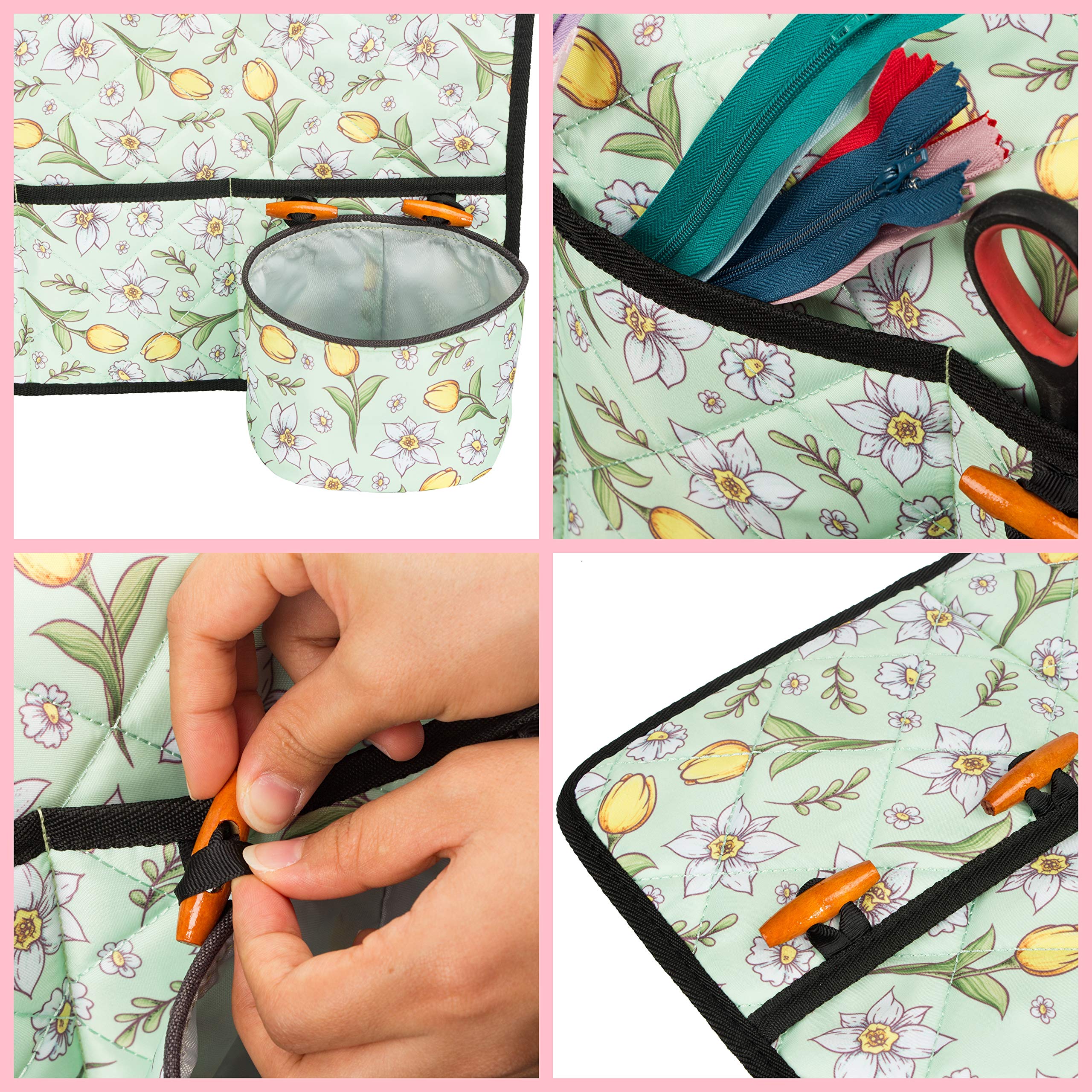 PACMAXI Water-Resistant Sewing Machine Pad with Storage Pockets - Floral Green Table Mat Organizer for Sewing Accessories | Perfect for Craft Rooms, Quilting Stations & Home Sewing Projects