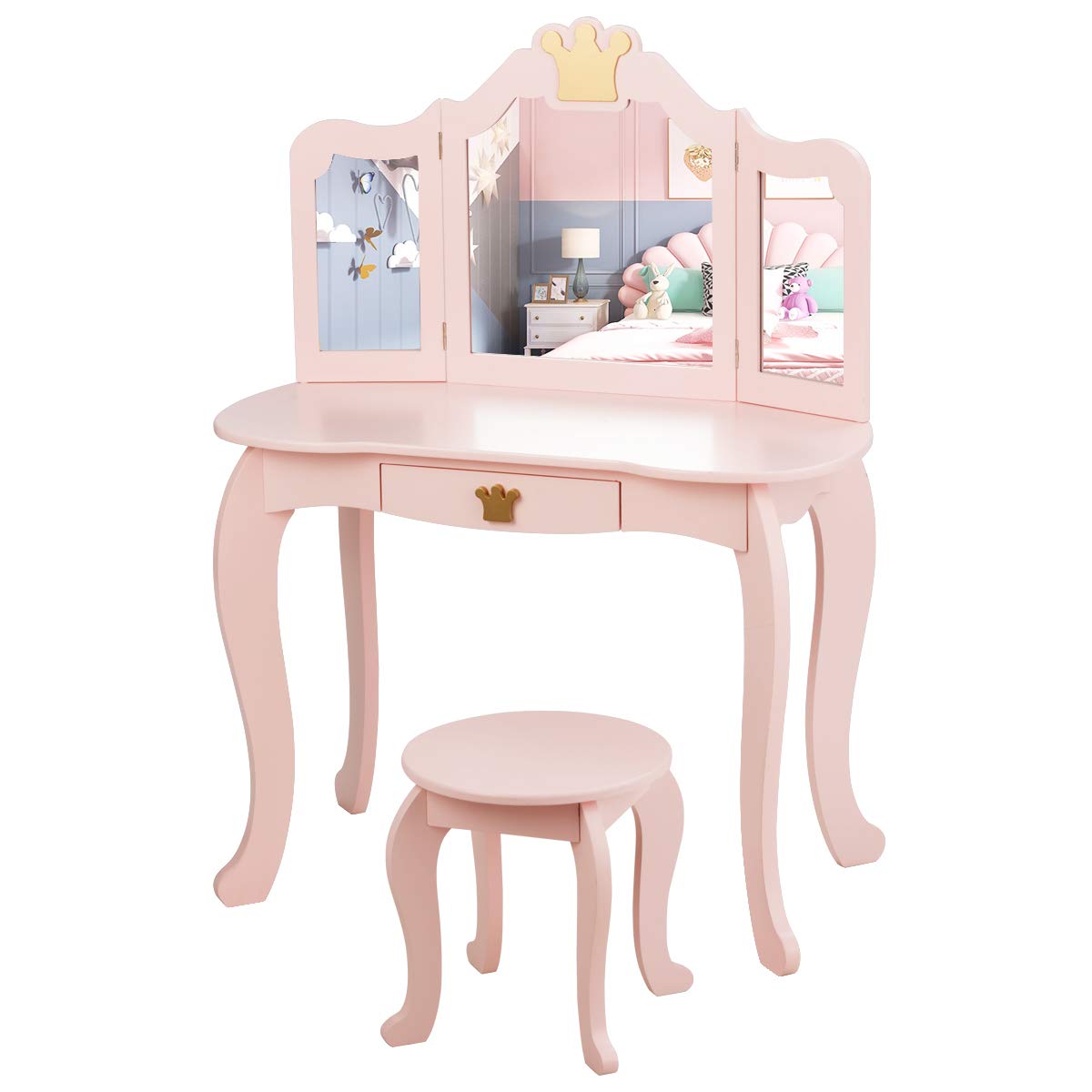 Costzon Kids Vanity Table and Chair Set - Pink Princess Makeup Dressing Table with Drawer, Tri-Folding Mirror & Detachable Top | 2-in-1 Pretend Play Beauty Vanity Set for Girls | Perfect for Birthday Gifts, Bedroom Decor & Role Play Activities