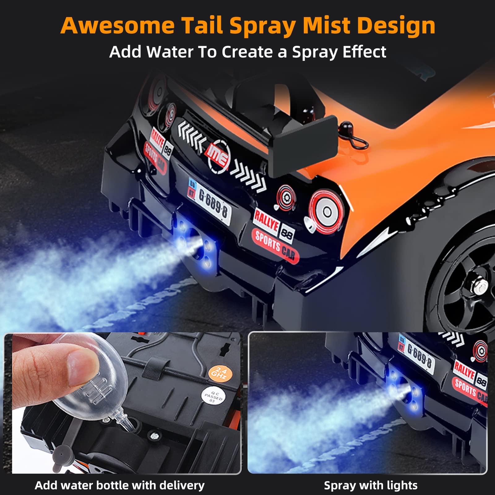 1/16 Scale 2.4GHz 4WD Remote Control Drift Car - 18KM/H High Speed Rechargeable RC Racing Car with LED Lights, Spray Effect, 2 Batteries & Extra Tires - Perfect for Kids Outdoor Play, Backyard Racing, and Drift Competitions