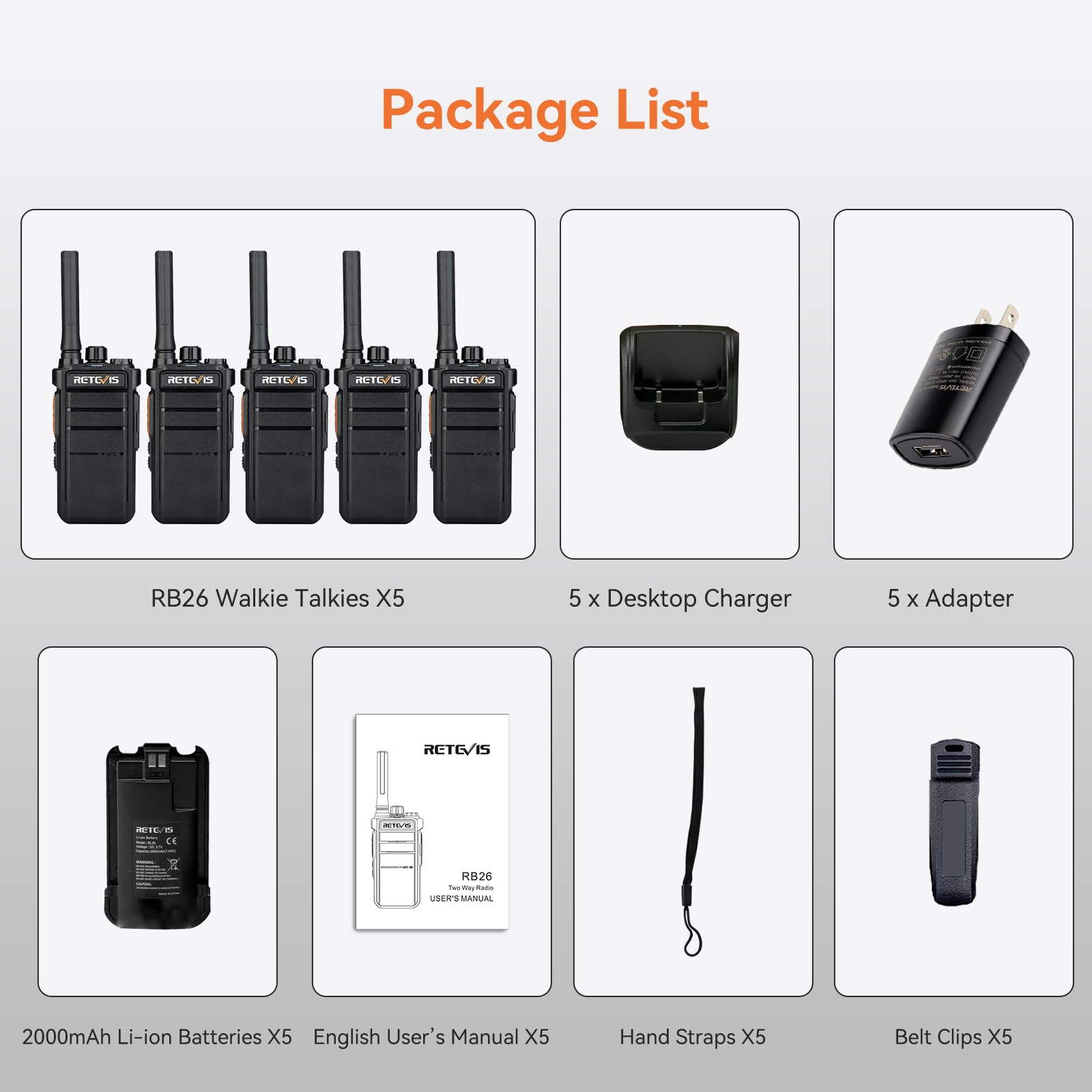 Retevis RB26 Long Range GMRS Two-Way Radios (5 Pack) - Rechargeable 2000mAh Walkie Talkies with Repeater Capability for Security, Church, Construction, School & Warehouse Use - Durable Communication Solution for Outdoor Activities, Emergency Response & Team Coordination