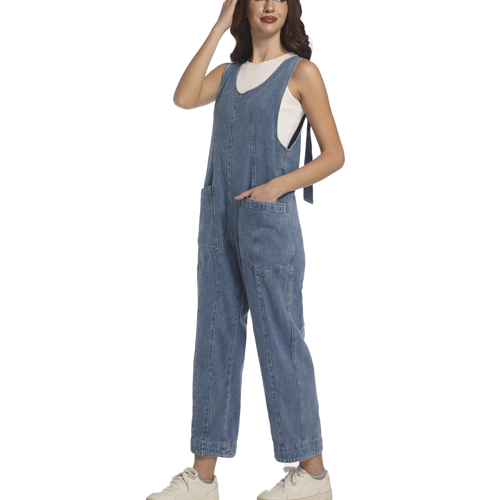 Women's Baggy Denim Jumpsuit with Pockets - Casual Streetwear Outfit