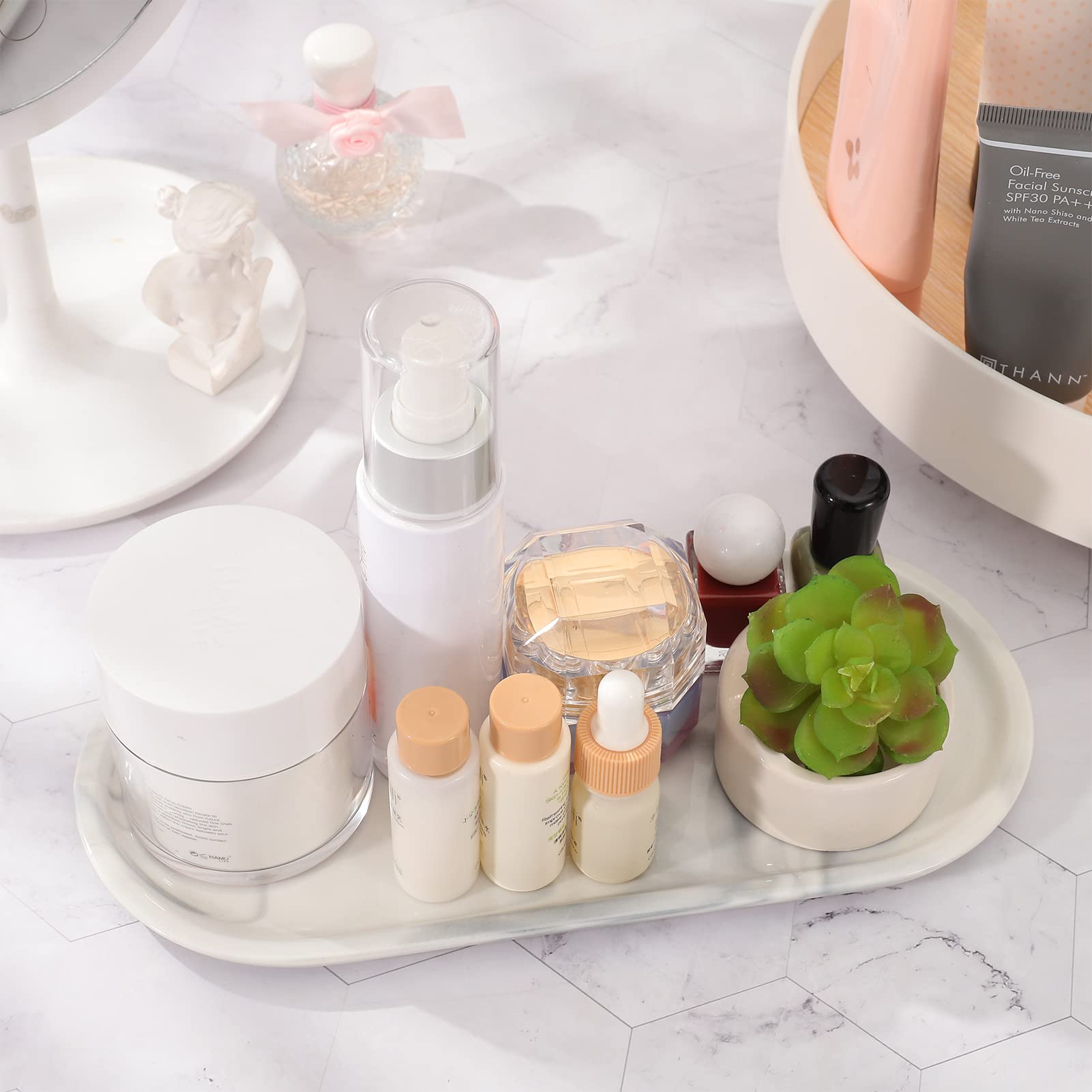 AUXSOUL 2-Pack White Ceramic Bathroom & Kitchen Counter Organizer Tray - Perfect for Vanity, Cosmetics, Jewelry, Soap, Candles, Towels & Plants | Elegant Home Decor for Bathroom Countertops & Kitchen Organization