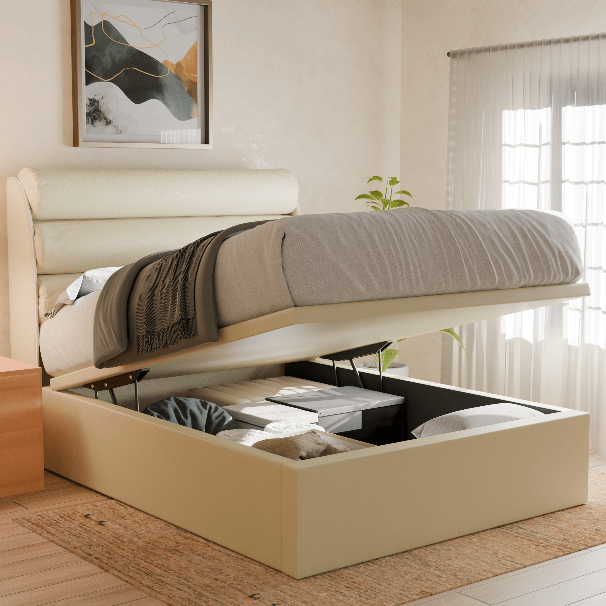 Gobbee Faux Leather Upholstered Storage Bed with Underbed Drawers - Queen Size Platform Bed Frame with Headboard for Small Space Bedroom, Guest Room & Dorm