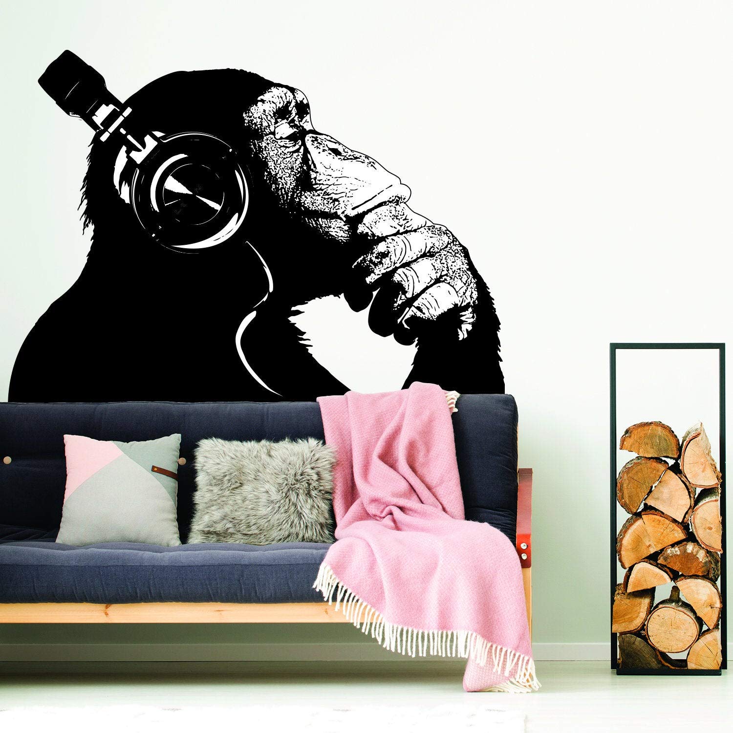 Banksy DJ Chimp Wall Art Sticker - The Thinker Gorilla with Headphones Graffiti Decal - Urban Street Art Mural Print for Home & Office Decor - Perfect for Bedroom, Living Room & Music Studio