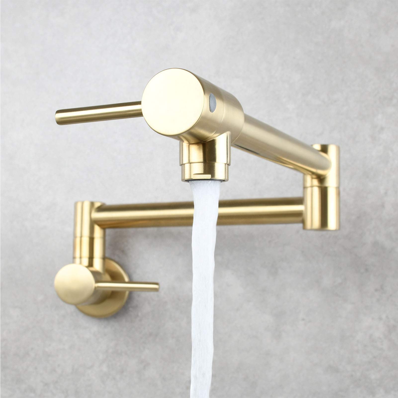 Brass Pot Filler Faucet Wall Mount, Brushed Gold Dual Swing Folding Arms Rotatable Joints Two Handle Kitchen Tap for Stove and Cooking Convenience