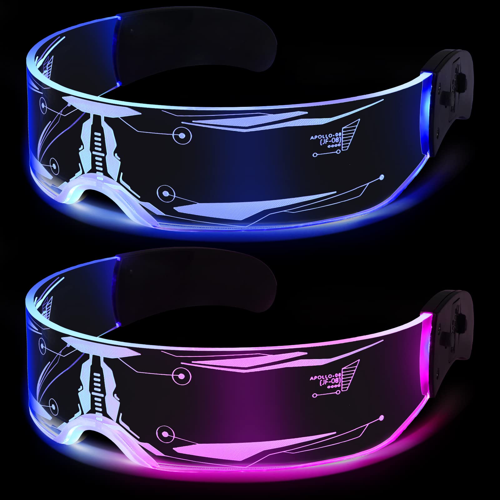 2 Pairs LED Visor Glasses - Dual Control 7 Colors & 4 Modes, Futuristic Light Up Glasses for Rave Parties, Concerts, Halloween & Night Events - Glow in The Dark Accessories for Dance Clubs & Festivals