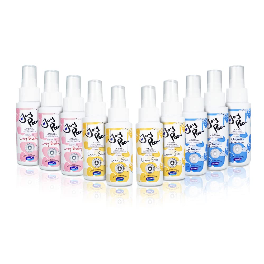 JoyPoo Natural Essential Oil Odor Eliminator Spray Set - 4X Lemongrass, 3X Oceanic Romance, 3X Lovely Buddy (2oz/Bottle, 350 Sprays Each) - Freshen Home, Car, Gym & Pet Areas - Non-Toxic Air Freshener for Daily Use