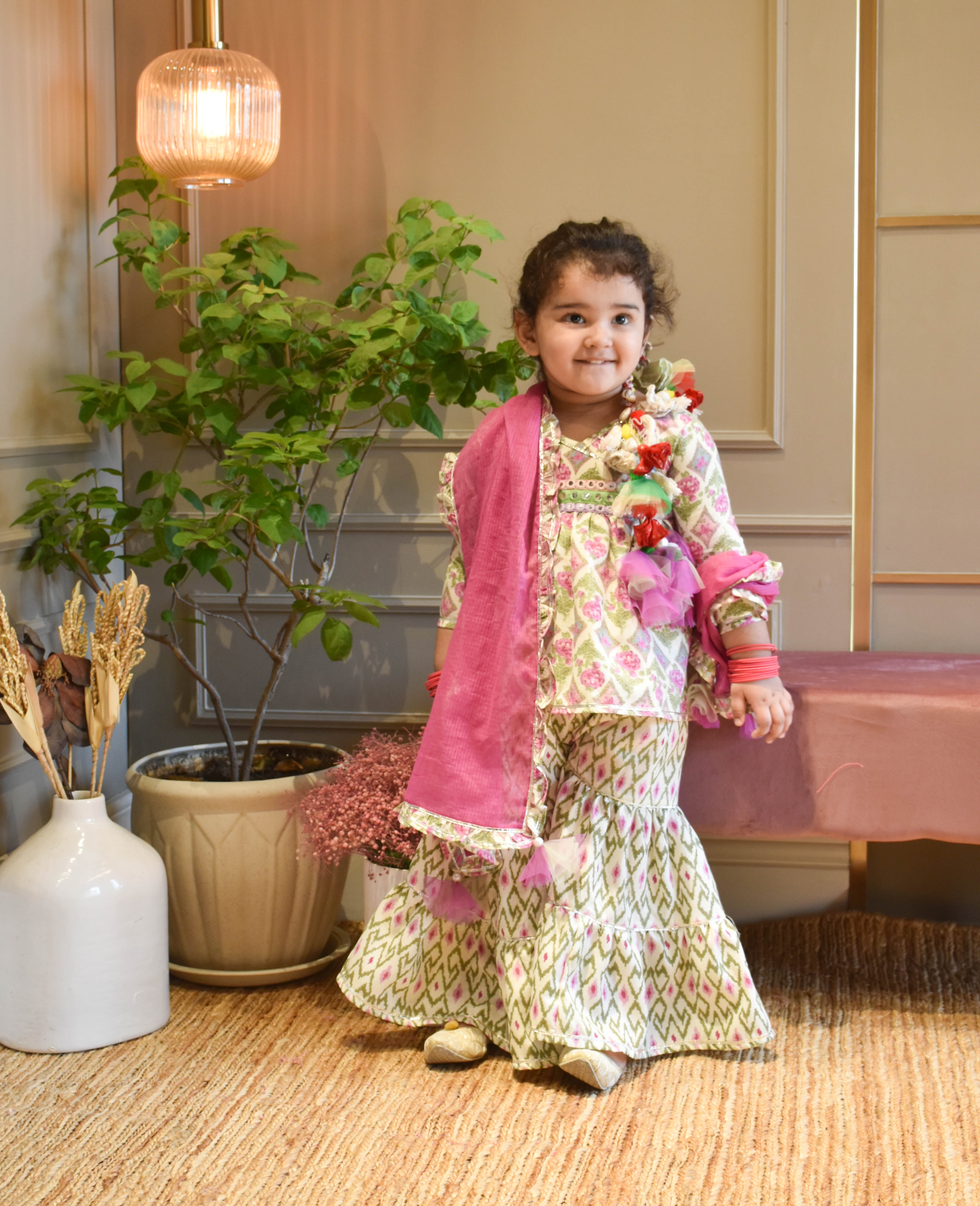 Pre Order: Elegant Lilac Floral Print Kurti Sharara Set - Perfect for Weddings, Festivals & Special Occasions