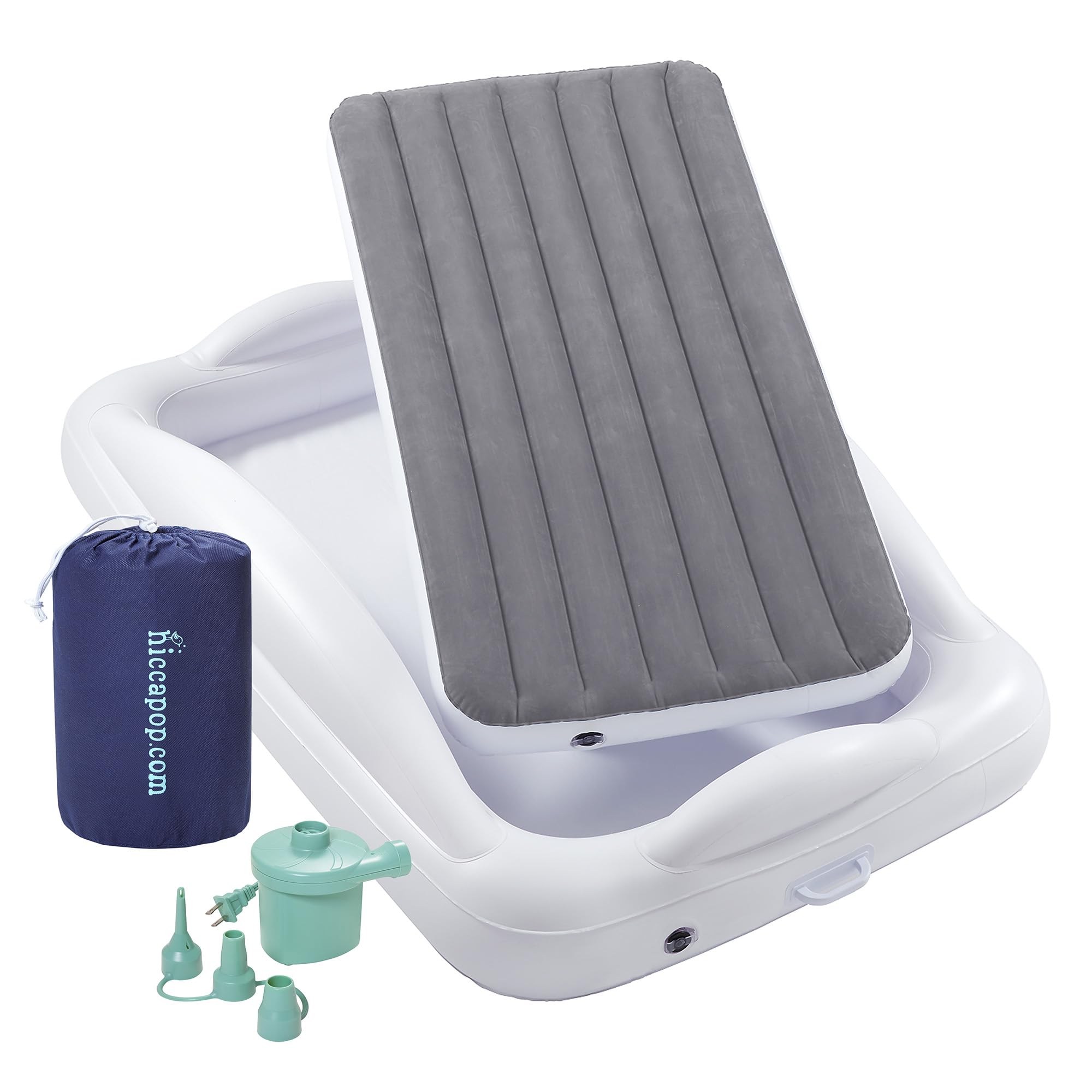 Hiccapop Inflatable Toddler Travel Bed with 4-Sided Safety Bumpers | Portable Kids Air Mattress for Camping, Sleepovers & Travel | Grey Toddler Bed for Boys & Girls