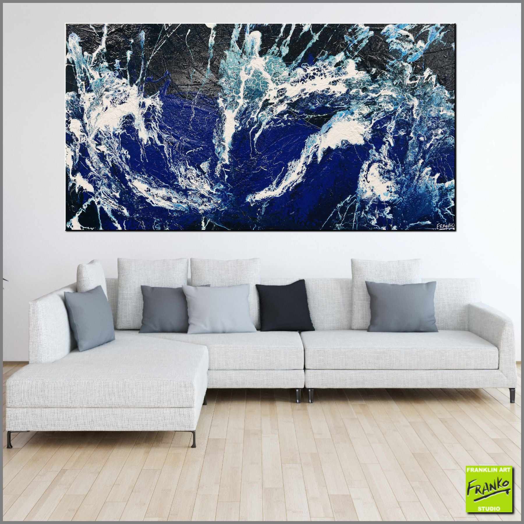 Blu Drift 190cm x 100cm White Blue Textured Abstract Canvas Art - Modern Wall Decor for Living Room, Bedroom & Office