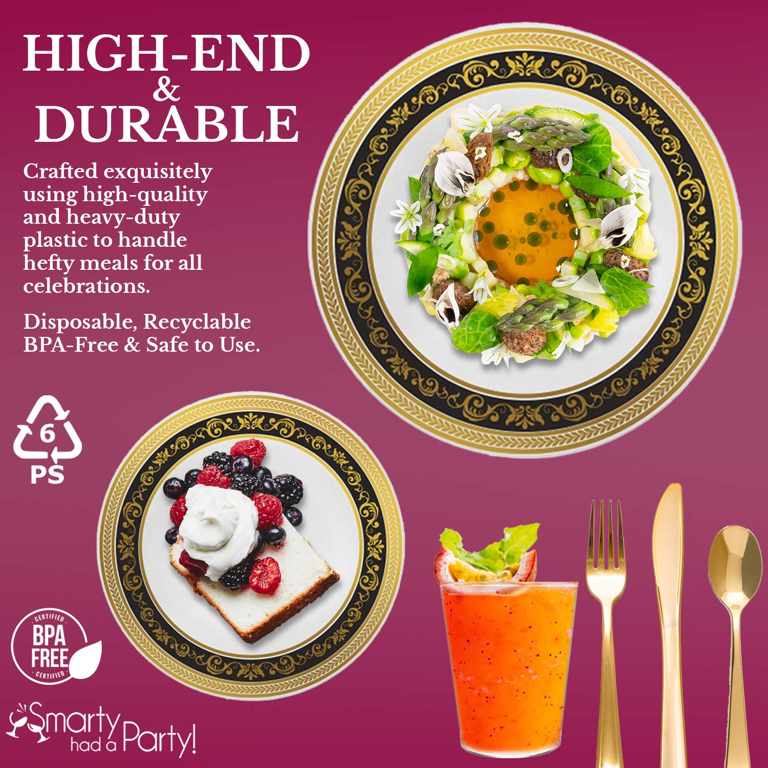 Premium Disposable Plastic Dinnerware Set for 60 Guests - Elegant White with Black & Gold Trim Plates, Dessert Plates, Cutlery & Cups - Perfect for Weddings, Birthdays, Parties & Special Events - Ideal for Upscale Catering, Outdoor Gatherings & Formal Celebrations