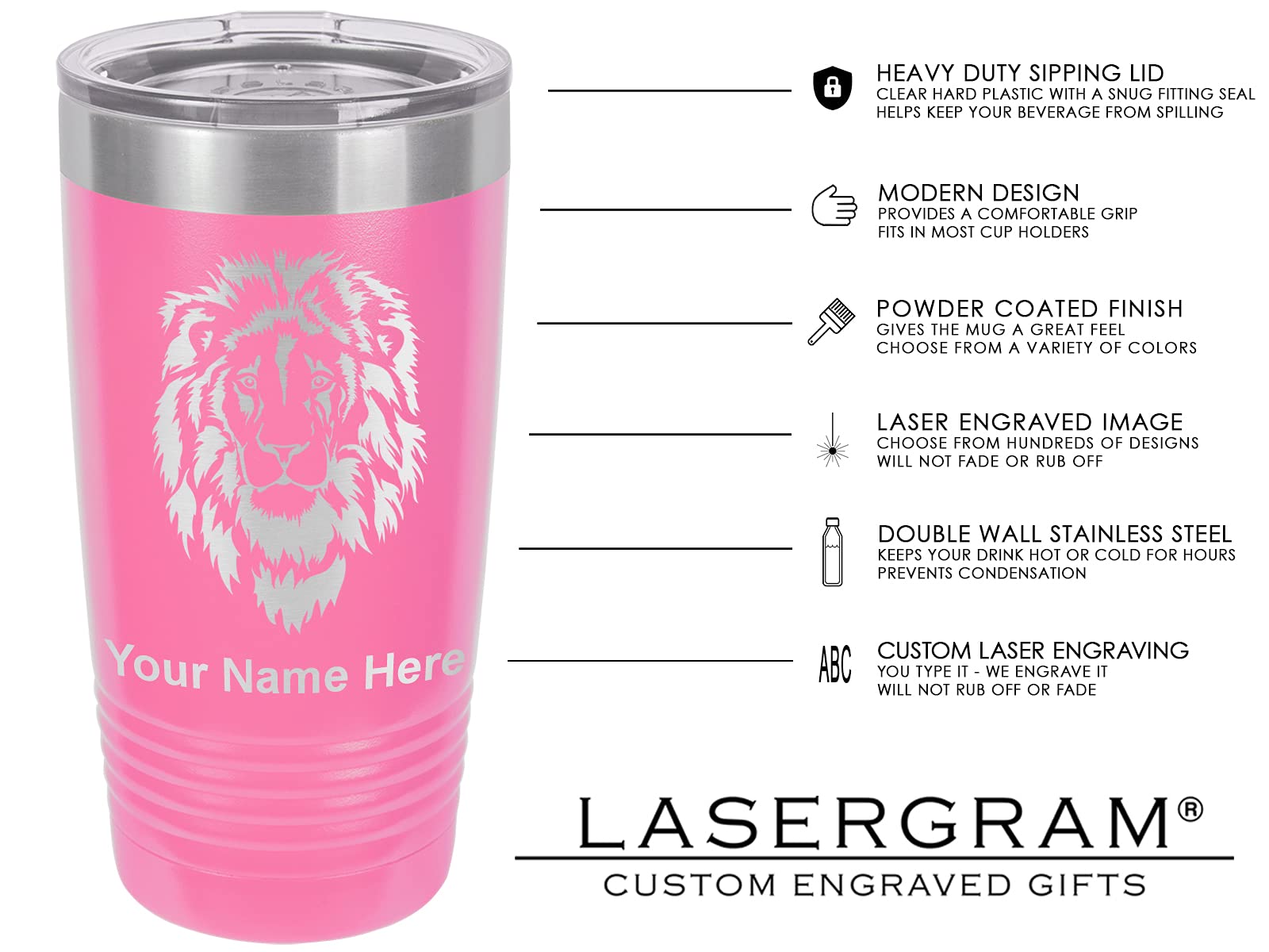 LaserGram 20oz Vacuum Insulated Stainless Steel Tumbler Mug with Personalized Engraving - Pink - Keeps Drinks Hot/Cold for Hours - Perfect for Coffee, Tea, Work, Gym & Outdoor Activities