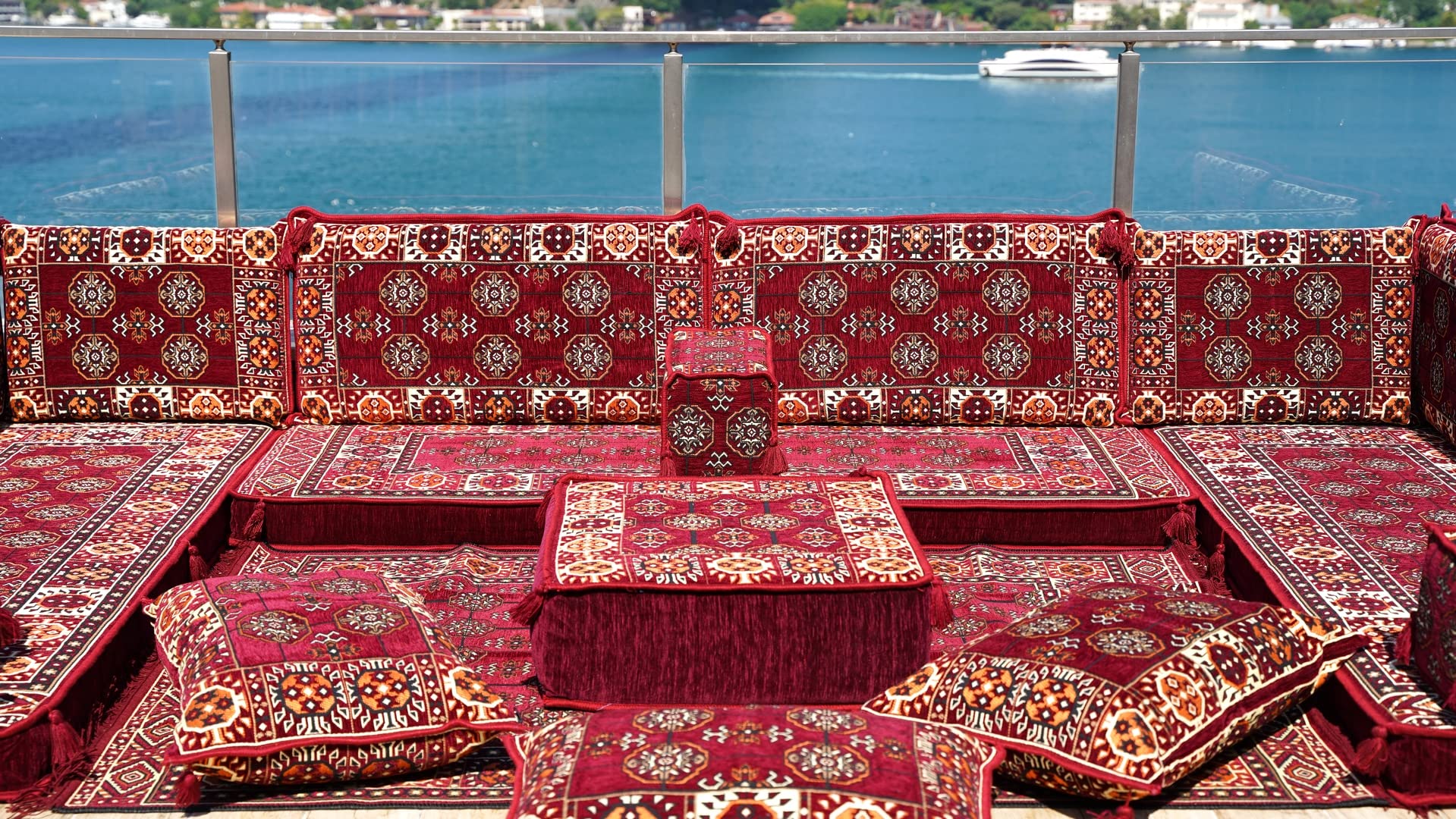 U-Shaped Arabic Sofa Set - Maroon Floor Cushions for Majlis & Home Decor