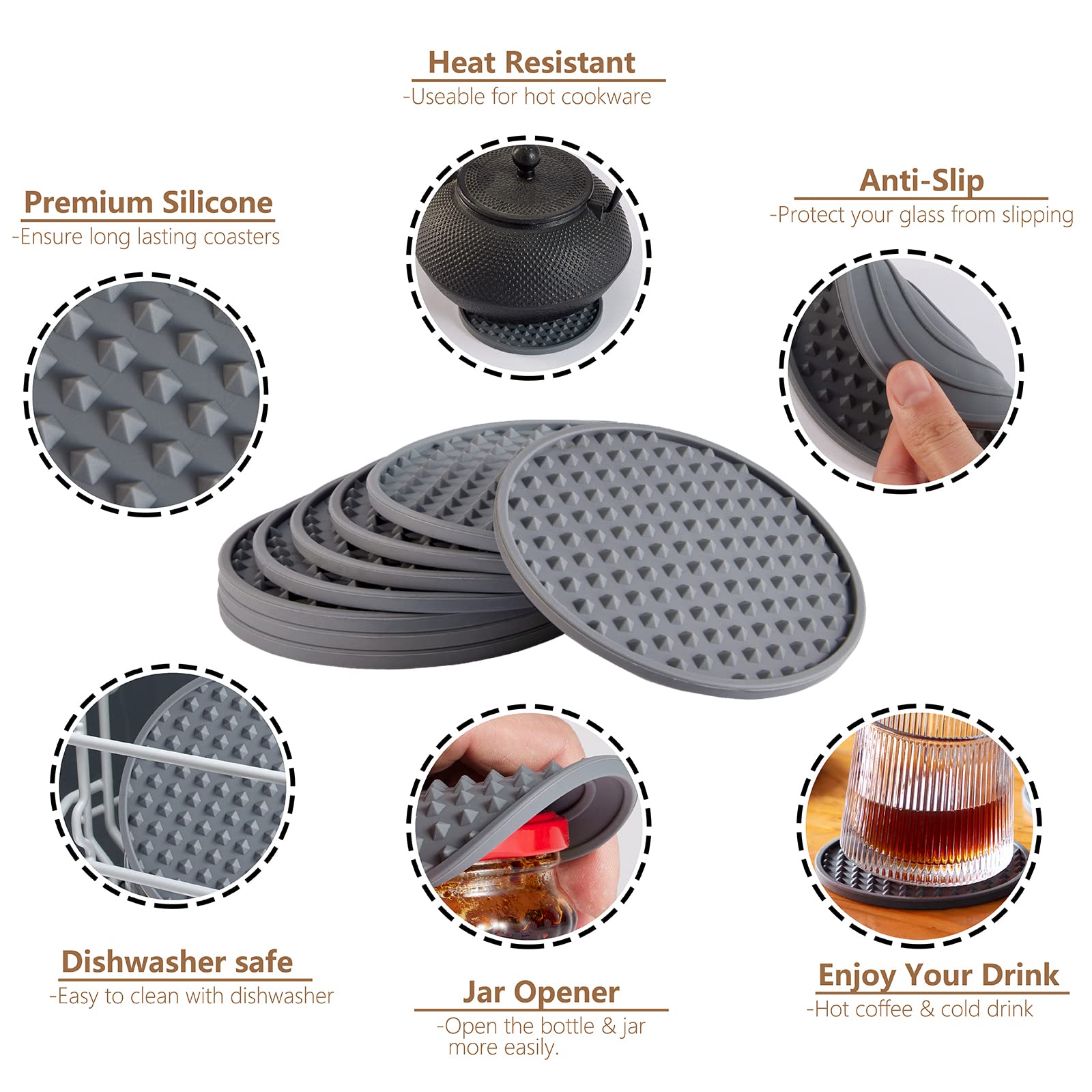 8-Pack Silicone Drink Coasters Set - Non-Slip Table Protectors for Wood, Granite & Stone Tables | Dishwasher Safe | Fits All Glass Sizes (Grey) | Perfect for Dining Tables, Coffee Bars & Outdoor Entertaining