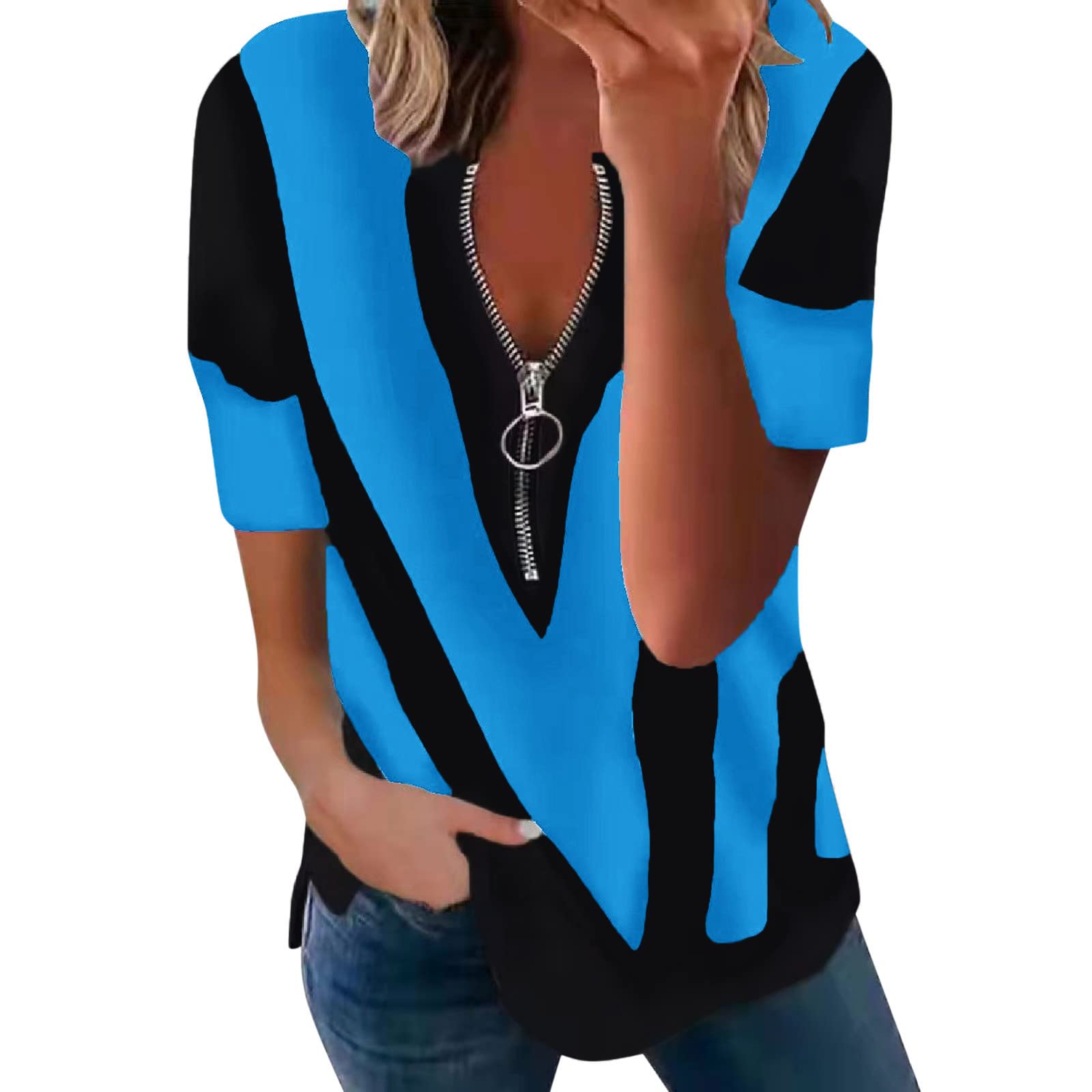 FFHG Women's Casual Patchwork Stripe Zipper Short Sleeve Blouse T-Shirt - Blue | Perfect for Everyday Wear, Office & Weekend Outfits