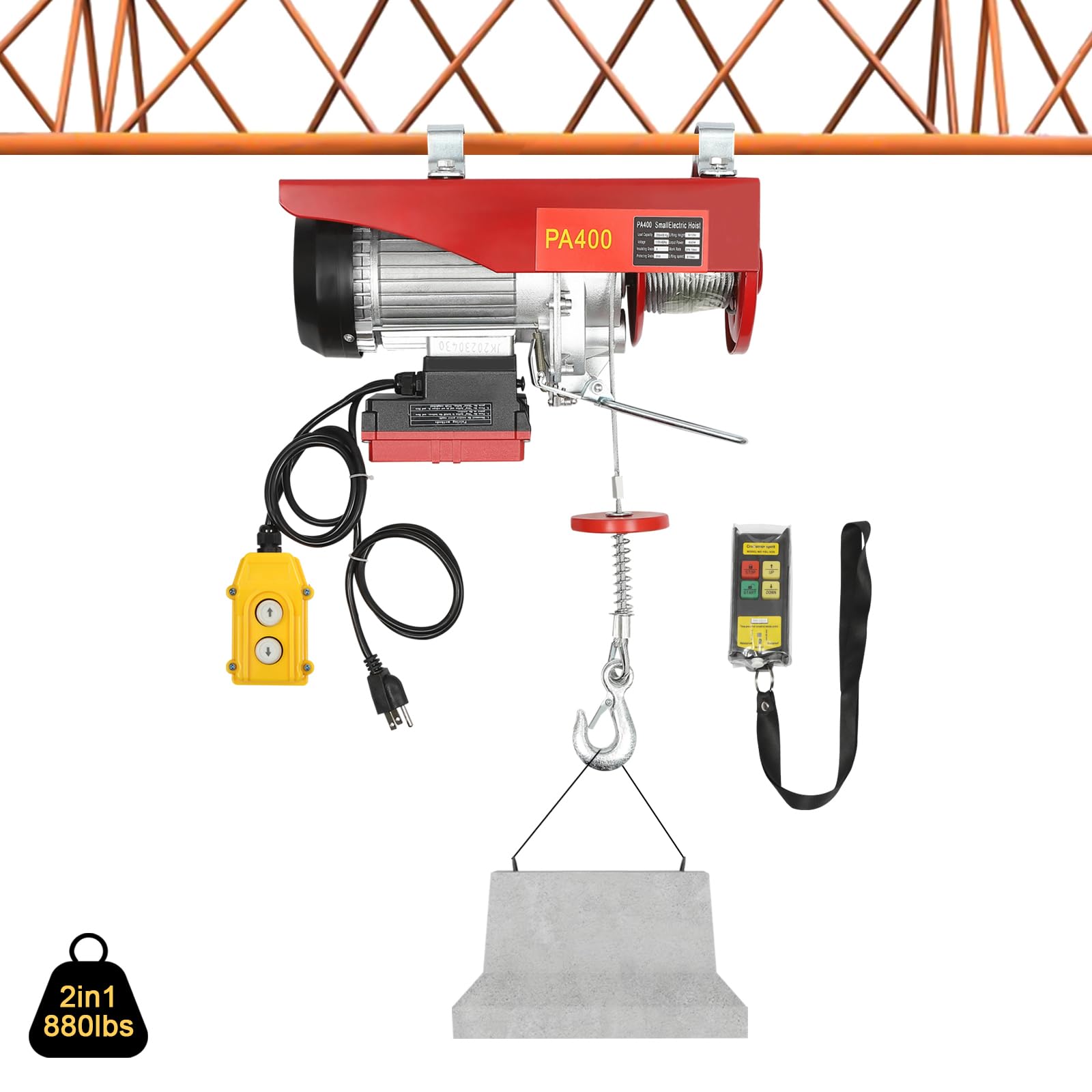 110V Electric Wireless Hoist Winch - 880Lbs Capacity Remote Control Crane Lift for Factory, Garage, Warehouse, Construction & Mining | Heavy Duty Lifting Equipment for Industrial & Home Use